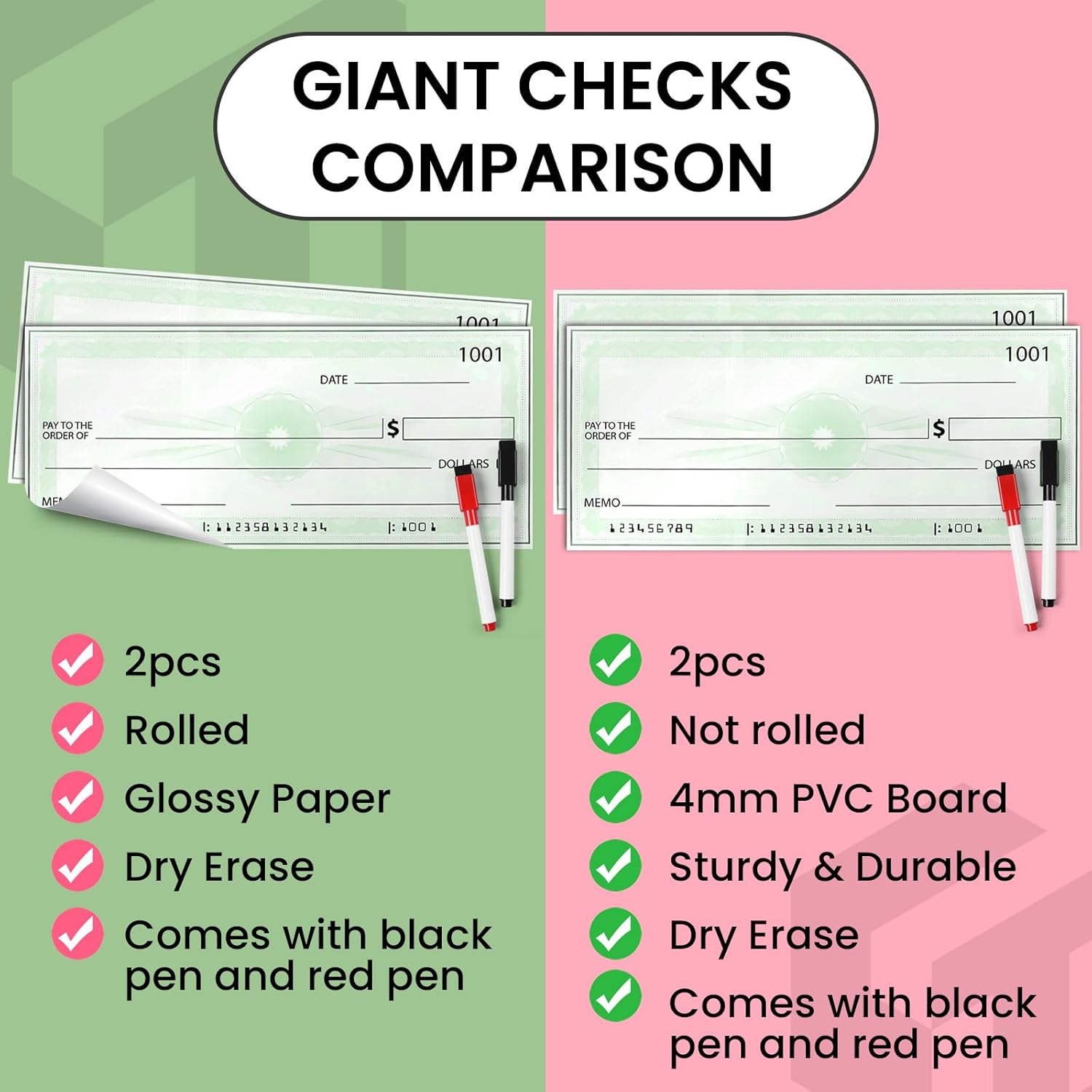 THMINS 2 Pack Big Checks for Presentations, 36 x 16" Erasable Giant Checks, Extra Large Demonstration Checks, Suitable for Graduation Ceremonies, Award Ceremonies, Charity Events (Whiteboard)