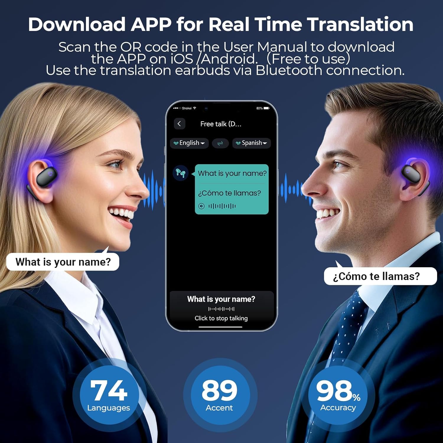 Folk, der bruger Occiam-oversættelsesappen med øretelefoner
