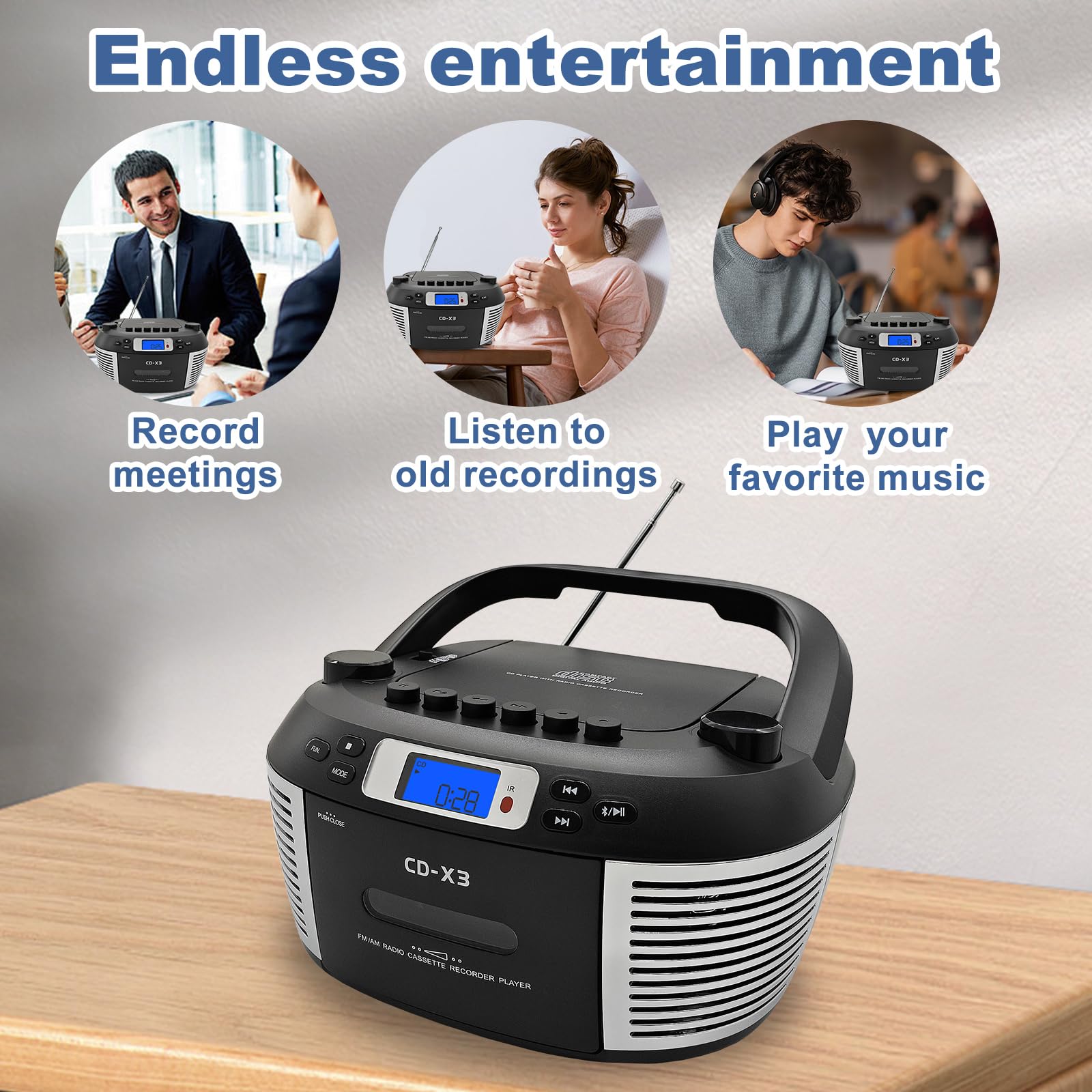Tragbarer CD- & Kassettenplayer mit Fernbedienung – Inklusive FM/AM-Radio, USB-Wiedergabe, Bluetooth-Lautsprecher, Aufnahmefunktion und Netz-/Batteriebetrieb (Nicht inkl)