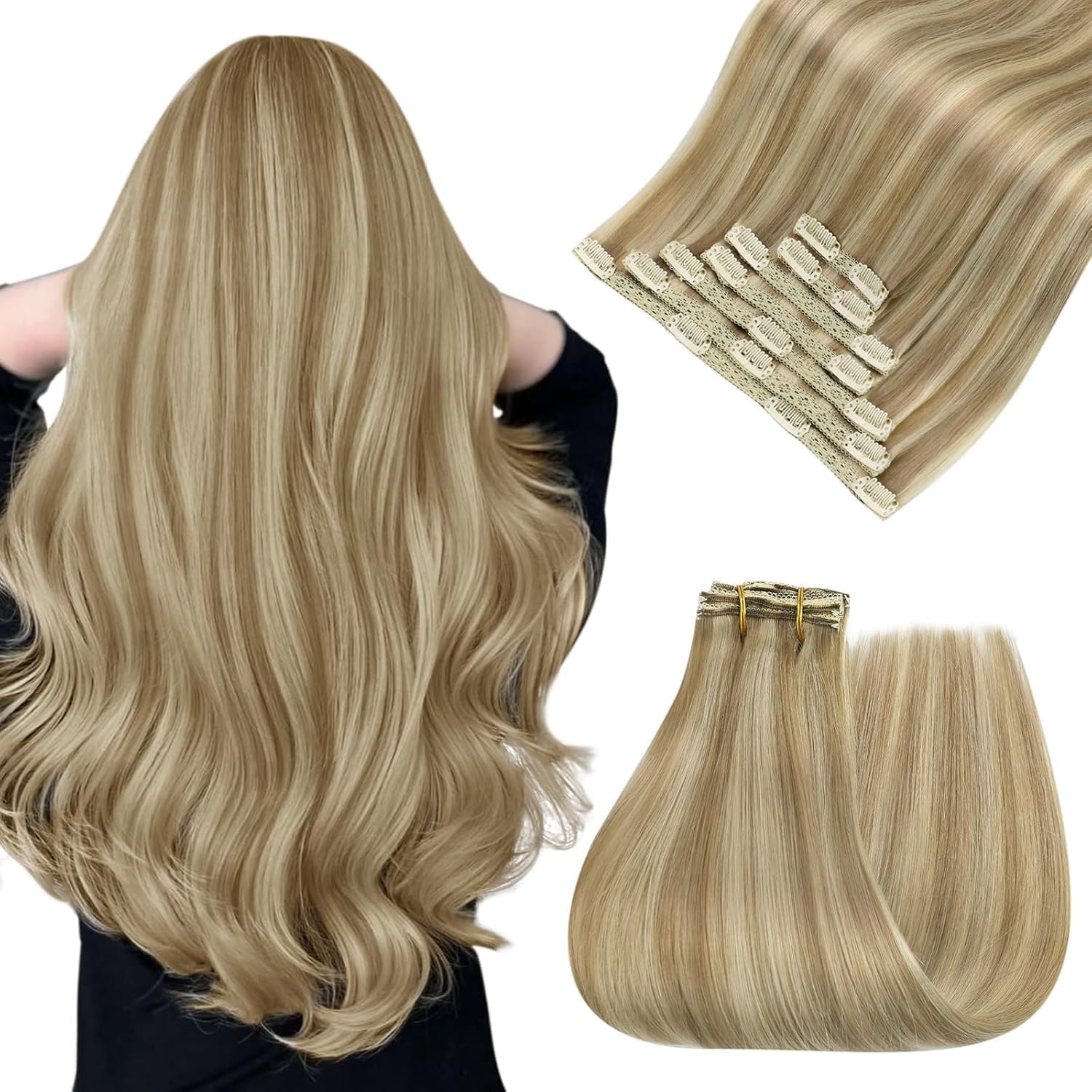 Easyouth Clip in Extensions Echthaar Blond Haar Extensions Echthaar Clips Highlight Mittelblond Golden Blonde Clip in Haarverlängerungen Echthaar für Volumen 40 cm 120g 7pcs #P16/22