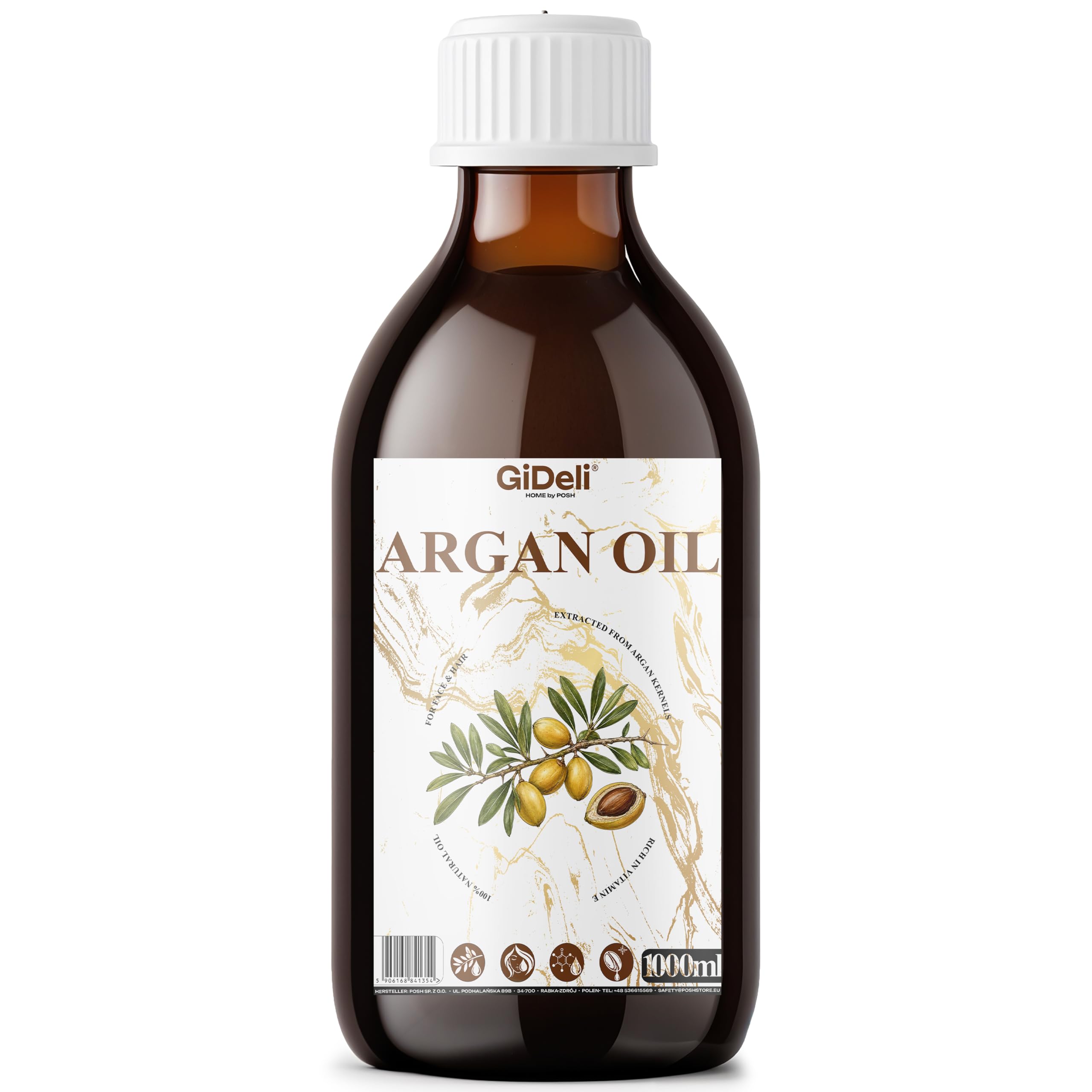 GiDeli Olio di argan per capelli, 1000 ml, olio per capelli e viso per pelle, unghie e barba, ricco di vitamina E per lucentezza e morbidezza, olio di argan naturale al 100% da semi di argan puri