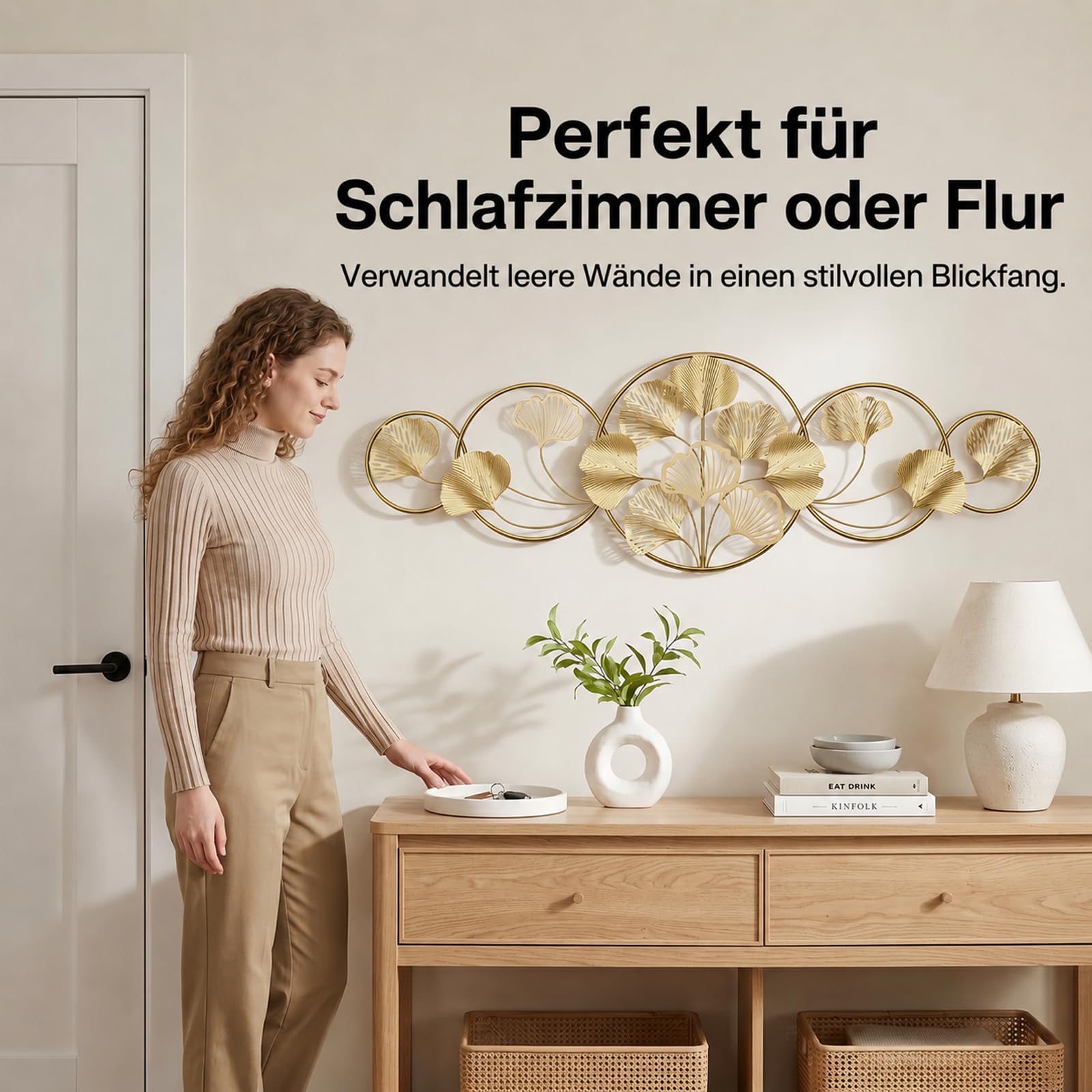 QHENS Wanddeko Ginkgo Gold, Wanddeko Metall Groß, Wand deko Wohnzimmer für Home Wall Art Dekoration, 3D wanddekoration Gingko, Blatt Einstellbar, 128x43CM