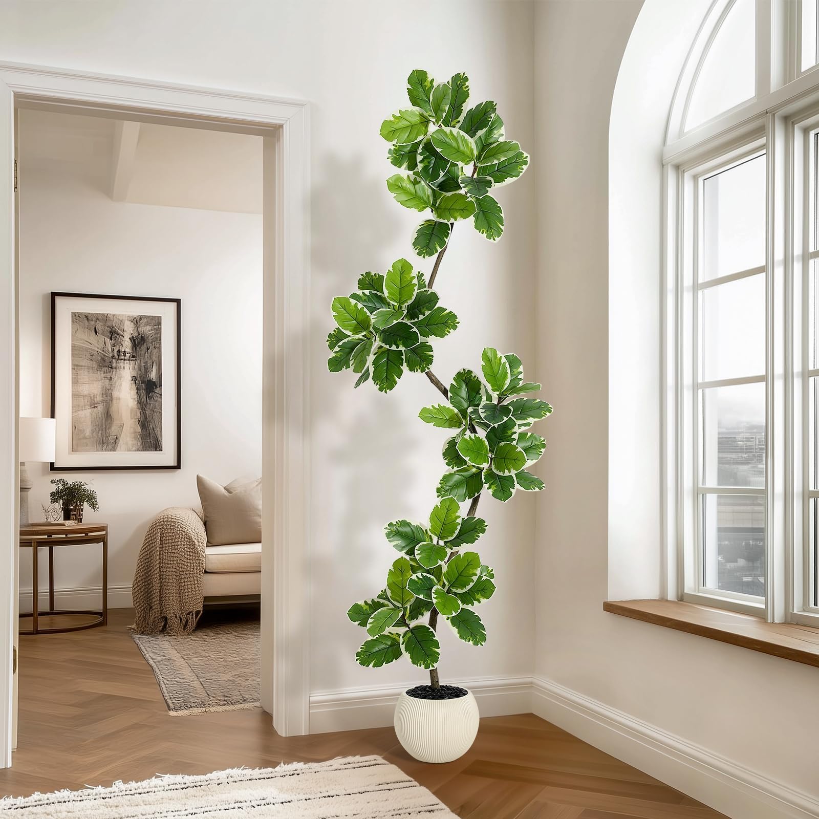 Pianta Finta Ficus Lyrata Variegata Alta - Pianta Decorativa Interna Realistica con Vaso Ceramica, Pianta Artificiale Senza Manutenzione per Arredamento Salotto, Camera o Ufficio