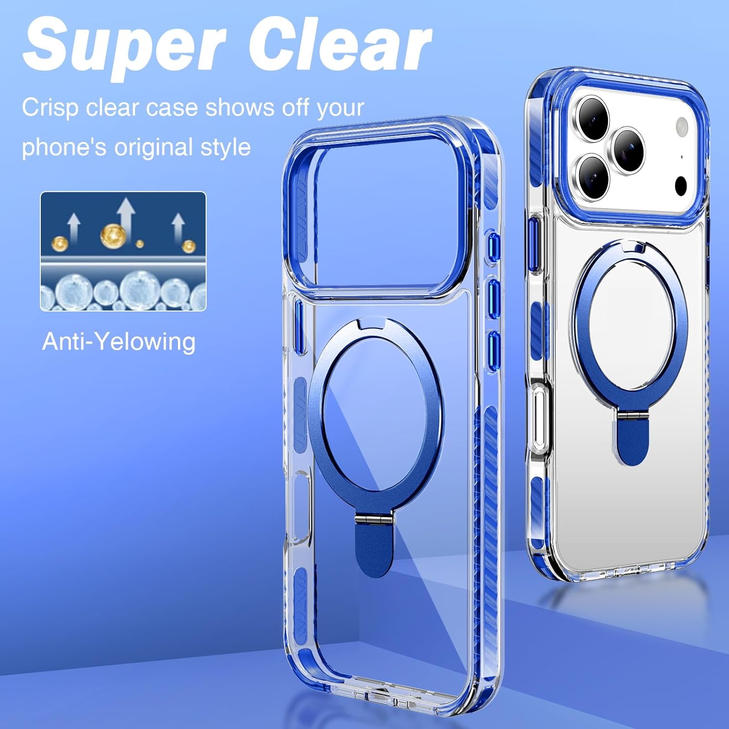 UMIONE for iPhone 17 Pro Clear Magnetic case with Stand and Finger Ring, Compatible with magsafe, Shockproof Transparent Hard Plate, Full Body case, Universal for Boys and Girls 6.3 - Blue