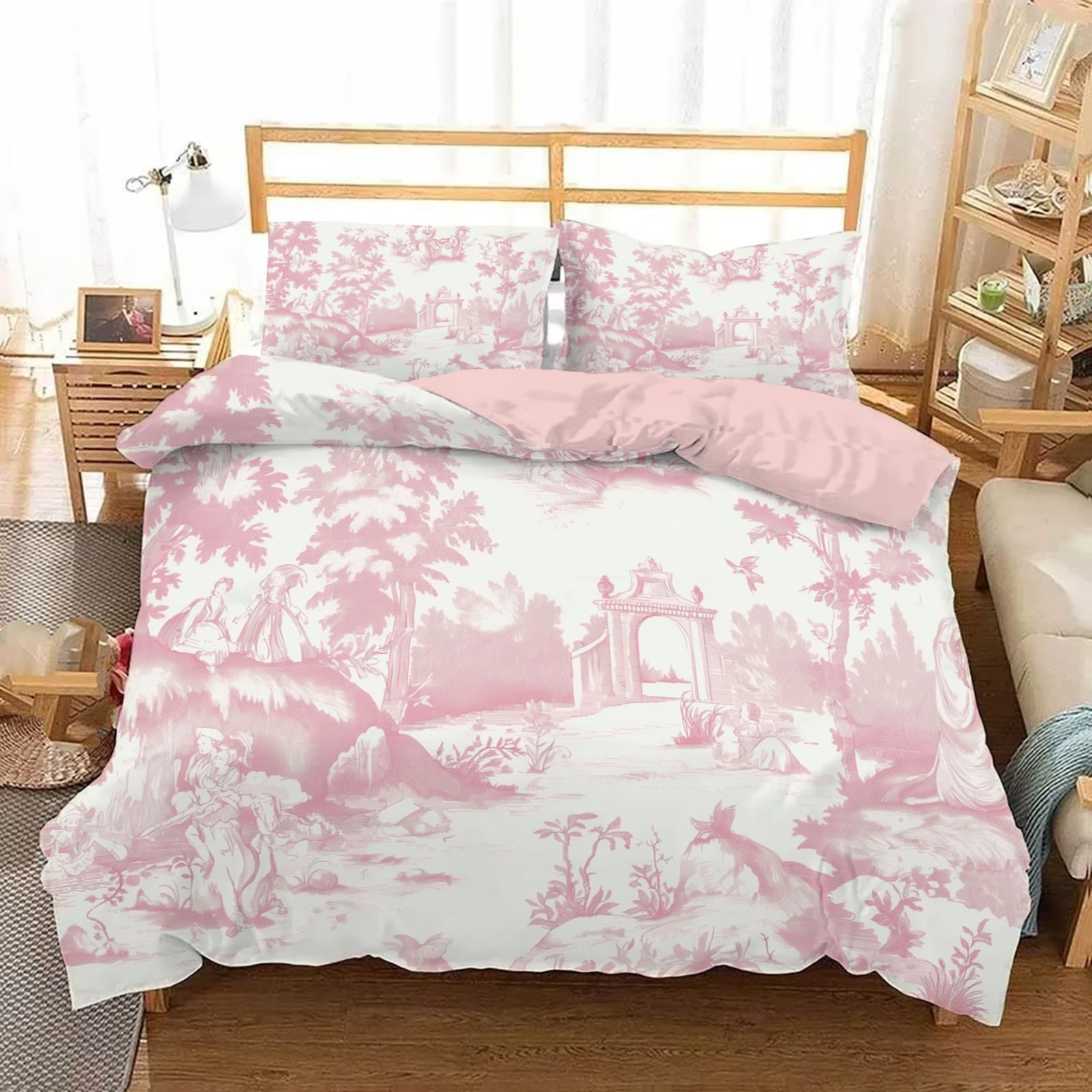 Funda nórdica King con estampado de bosque rosa, ropa de cama reversible en microfibra cepillada