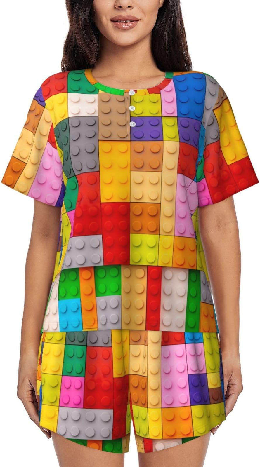 Colorful Plastic Blocks Pattern Women's Pajama Sets - Soft Short Sleeve Sleepwear Pj Sets For Women with Pockets