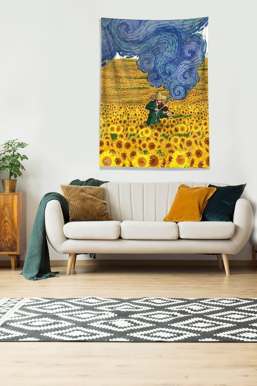 Pelangi Çok Renkli Van Gogh Papatya Tarlası Leke Tutmaz Kadife Kumaş Duvar Örtüsü Duvar Halısı Tapestry DWLL417, 70 x 100