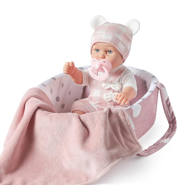 eDollable Set muñeca bebé 30cm con Cuna moisés portátil para niñas 3 años