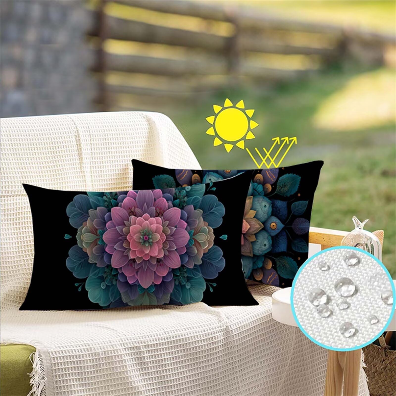Kissenbezug 90x40CM Schwarz, Outdoor Kissen Böhmen, Leinen Sofakissen Zierkissen Kissenbezüge 2er Set, Outdoor Kissen Wetterfest Beidseitiger Druck für Couch Stuhl Bett Aesthetic Room Deko D6-974