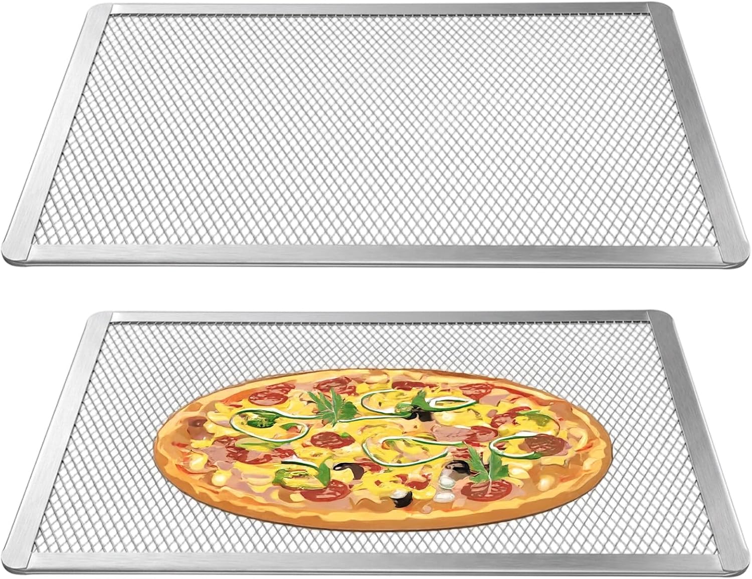 2-Pack Rectangular Pizza Screen 16 x 11 Inch, Aluminum Pizza Pan for Crispy Crusts, Commercial-Grade Pizzas Crisper Pan & Flatbread Tray, Oven-Safe