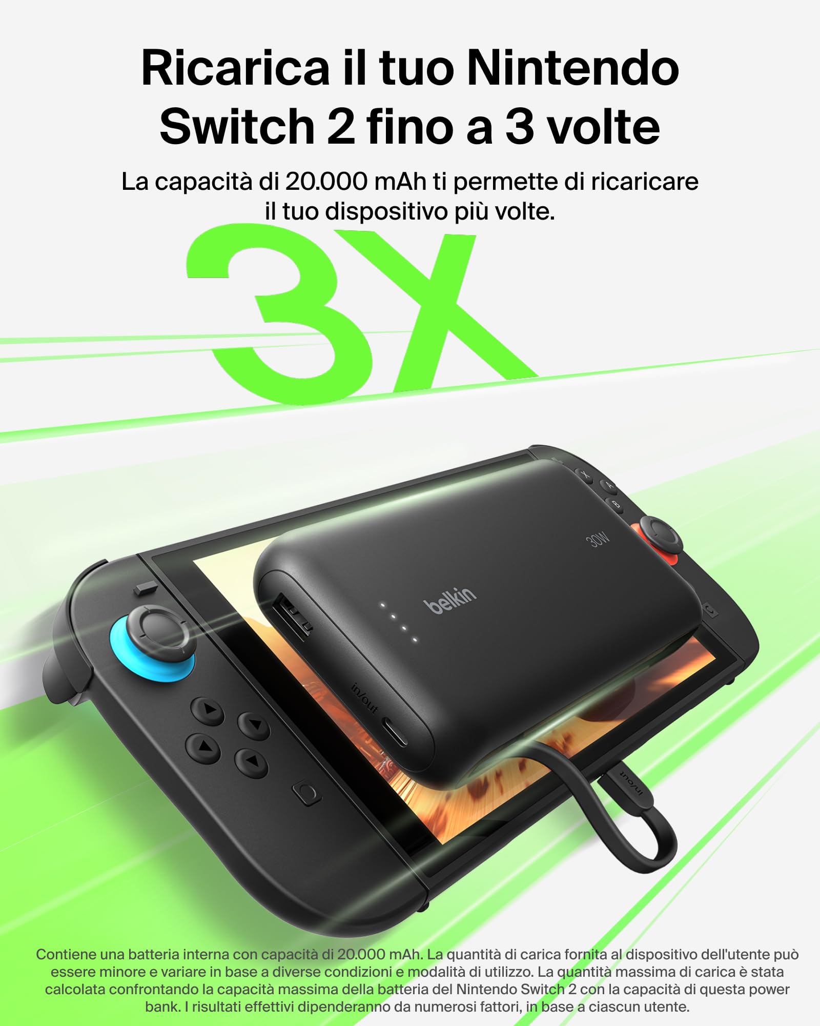 Belkin Gaming Power bank 20000 mAh 30W con cavo USB-C integrato, ricarica rapida USB-C PD, caricabatteria portatile per Nintendo Switch 2, iPhone 16, iPad Pro, Galaxy S25 e altri, nero