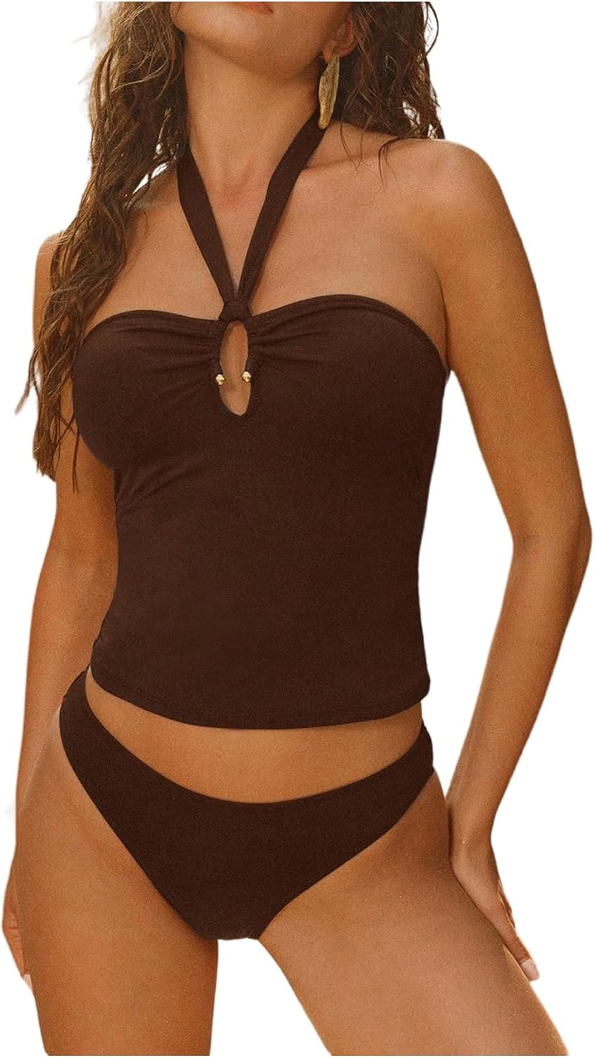 MakeMeChic Women's Tankini Swimsuits Halter Tie Back Tummy Control Swimwear Bathing Suit