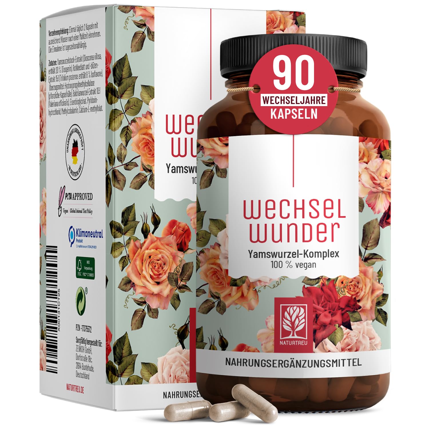 NATURTREU® WECHSELWUNDER - 500mg Yamswurzel mit 340mg Rotklee, Baldrian, Eisen, Vitamin B9 und B12 Kapseln hochdosiert - 90 Kapseln