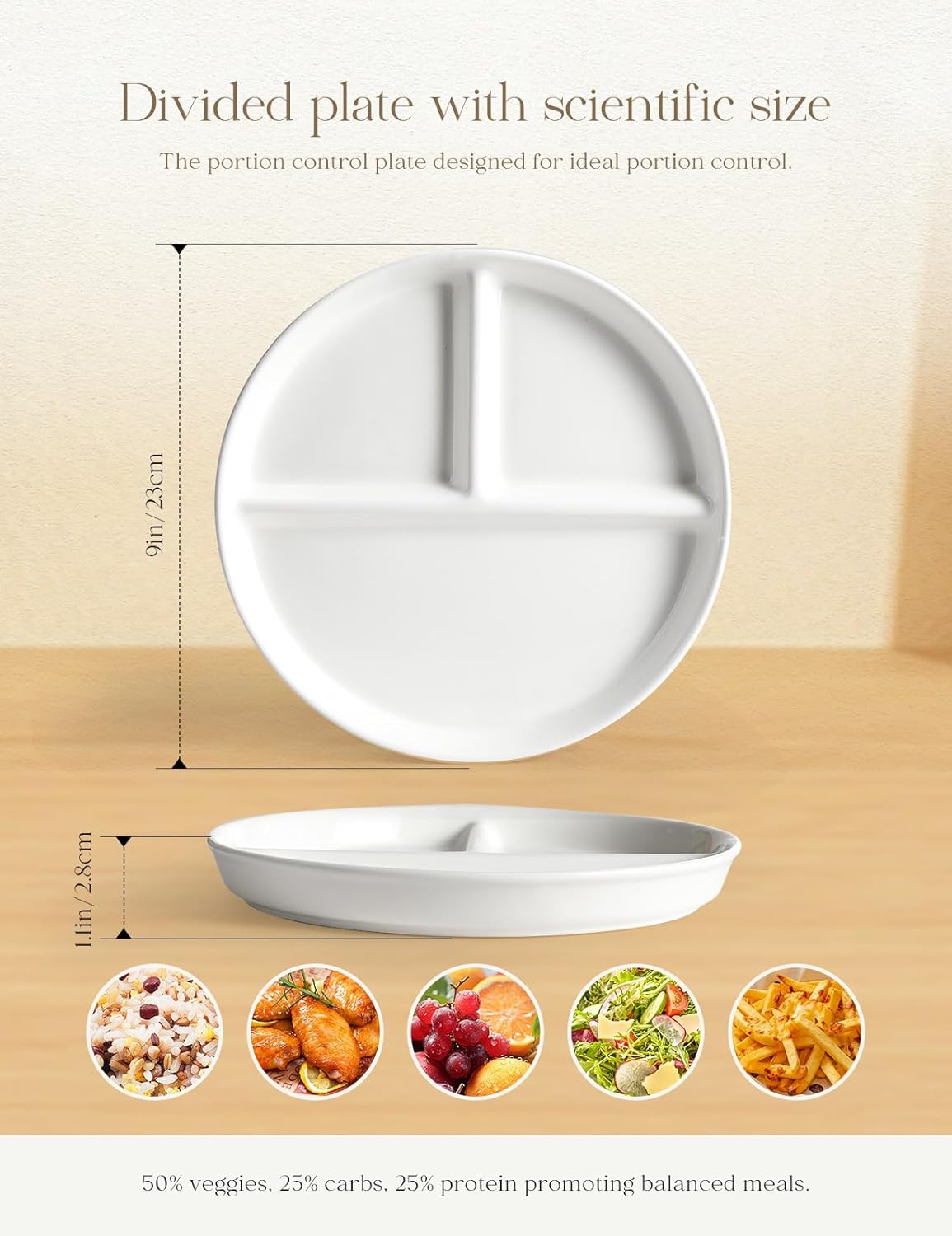 AISBUGUR Ceramic Portion Control Plate for Weight Loss,9-Inch Divided Plate for Adults,3-Compartment Portion Plate for Healthy Eating,Dishwasher & Microwave Safe,White - Image 5