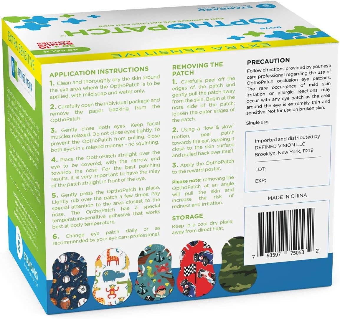 Opthopatch Eye Patches for Kids - Extra Sensitive Adhesive - Boys' Design [Series I] - 40 Count + 1 Reward Chart