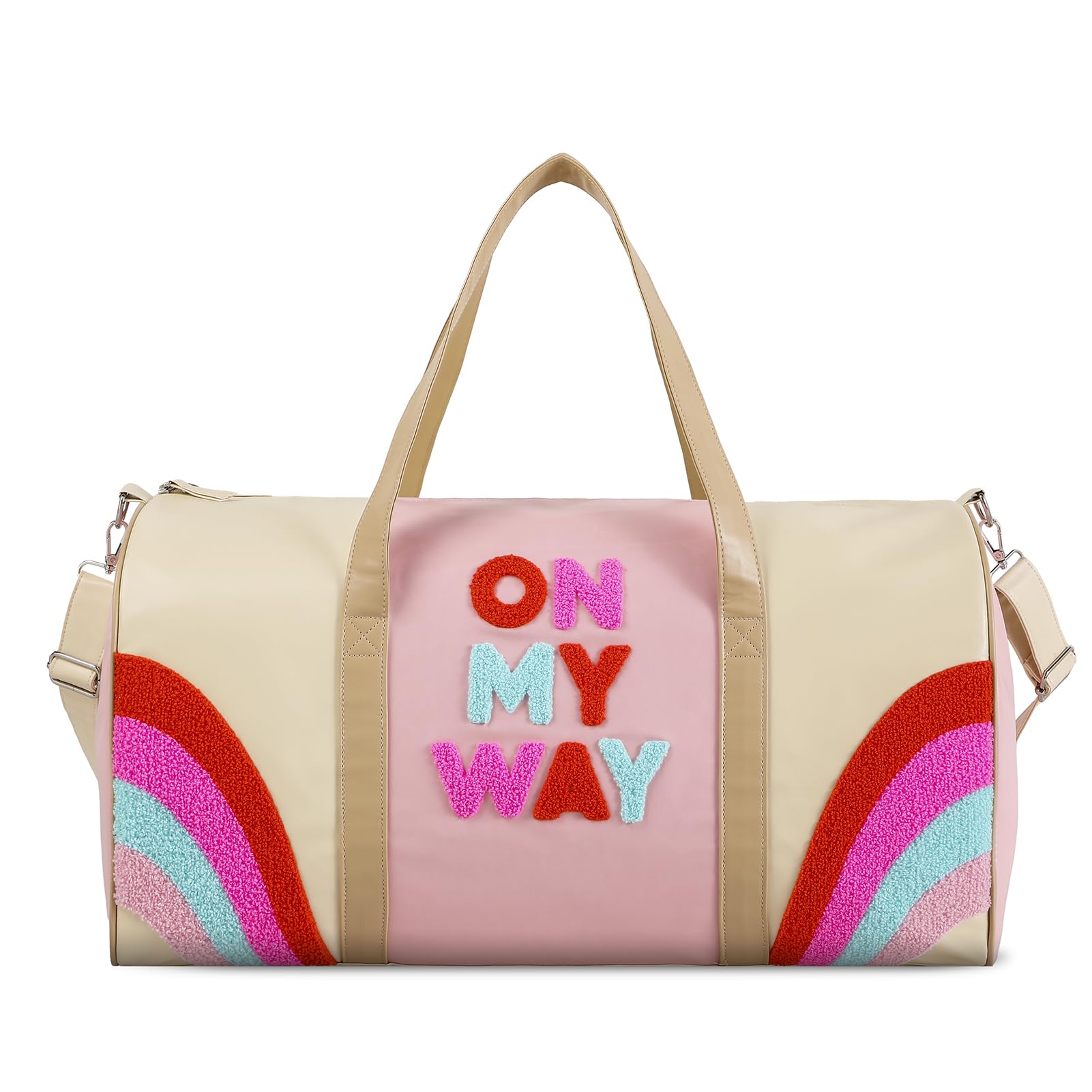 DYSHAYEN Chenille Letter Travel Duffle Bag Large PU Leather Weekender Overnight Bag for Women Carry on Bags Travel Tote?On My Way?