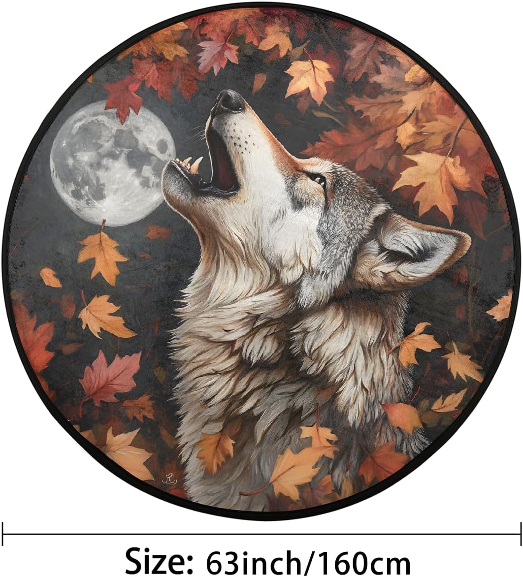 5 Ft Small Round Rug Fall Wolf Leaves Soft Circle Area Rugs Non Slip Washable Circular Door Mat for Indoor Bedroom Living Room Nursery Kitchen Bathroom Entryway Home Carpet Decor