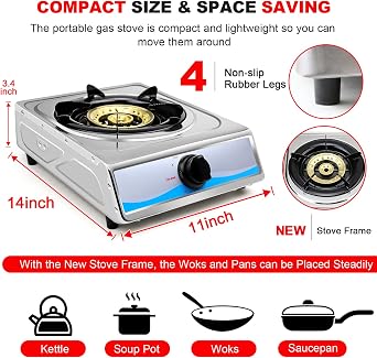 Propane Gas Cooktop,Single Burner Gas Stove Stainless Steel Portable Gas Stove,Auto Ignition Camping Single Burner LPGfor RV, Apartments, Outdoor