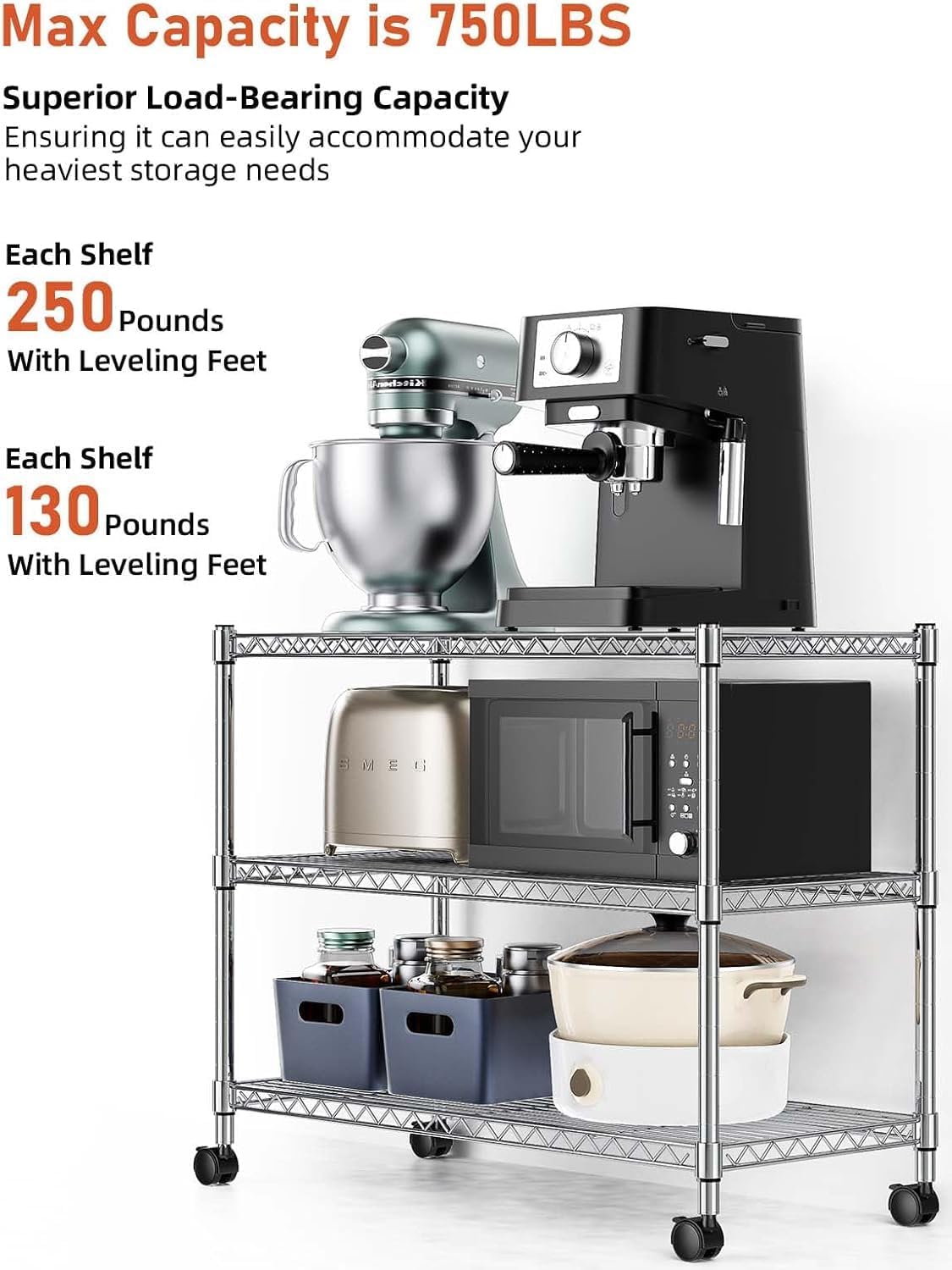 Simple Deluxe 3-Tier Storage Shelves, 750 Lbs Loading Capacity, 24.02" W x 13.78" D x 21.97" H Shelving Unit for Garage, Pantry and Kitchen, Chrome