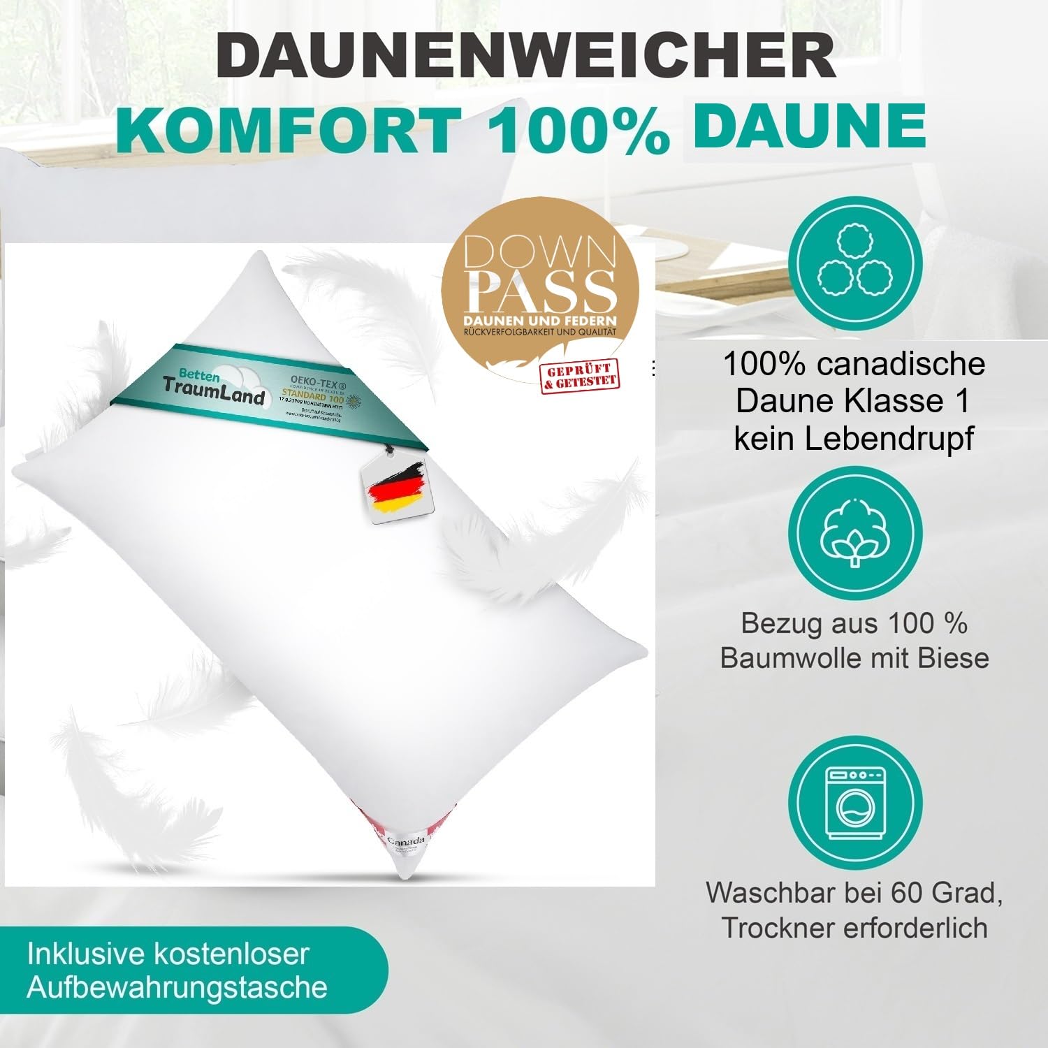 Bach's Betten Welt Canada Daunenkissen Canada Daunenfüllung ohne Federchen 40x80 cm 400 g CADA extra weicher Liegekomfort