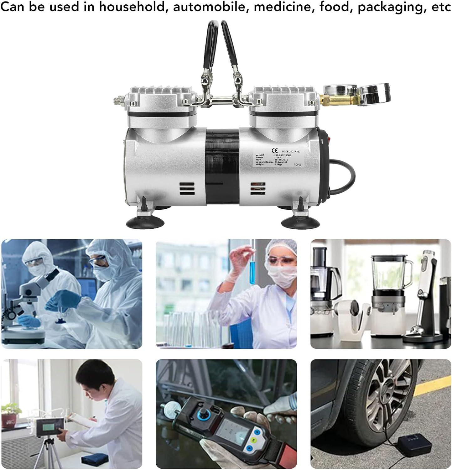 1/4Hp Oil Free Vacuum Air Pump, Sealed Connecting Rod Bearing Lubrication, Double Cylinder Piston Structure, for Home, Automotive, Pharmaceutical, Food, Packaging(USA)