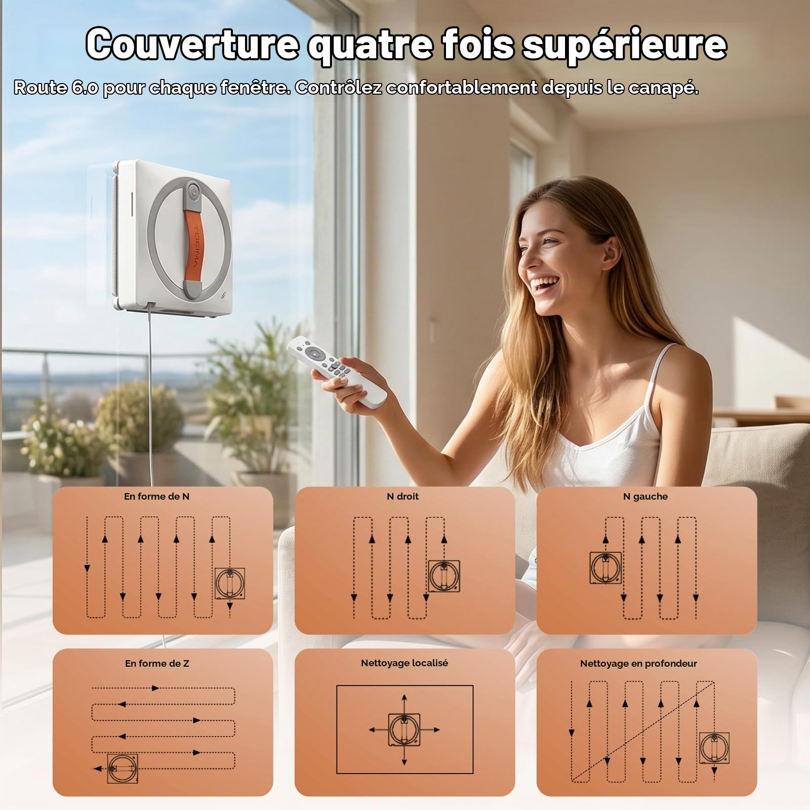 Tosima Robot Laveur de Vitre WA9C Pro, Nettoyeur Vitre Automatique avec 4 Buses de Pulvérisation, 6 Modes de Nettoyage avec Planification Intelligente, Aspiration Extra-Forte & Télécommande