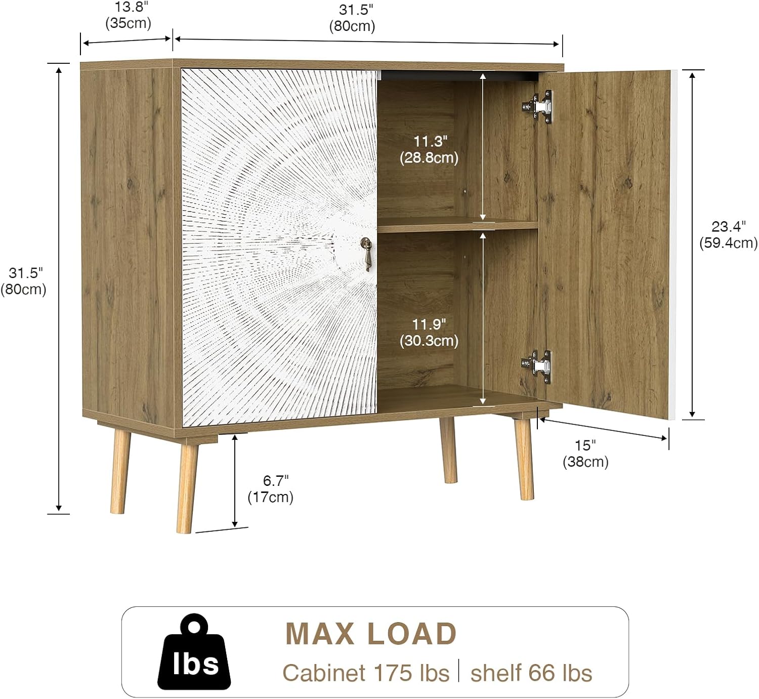 Giluta Accent Storage Cabinet with 2 Doors Adjustable Shelf Sideboard Buffet with Solid Wood Feet Kitchen for Hallway, Entry, Living Room