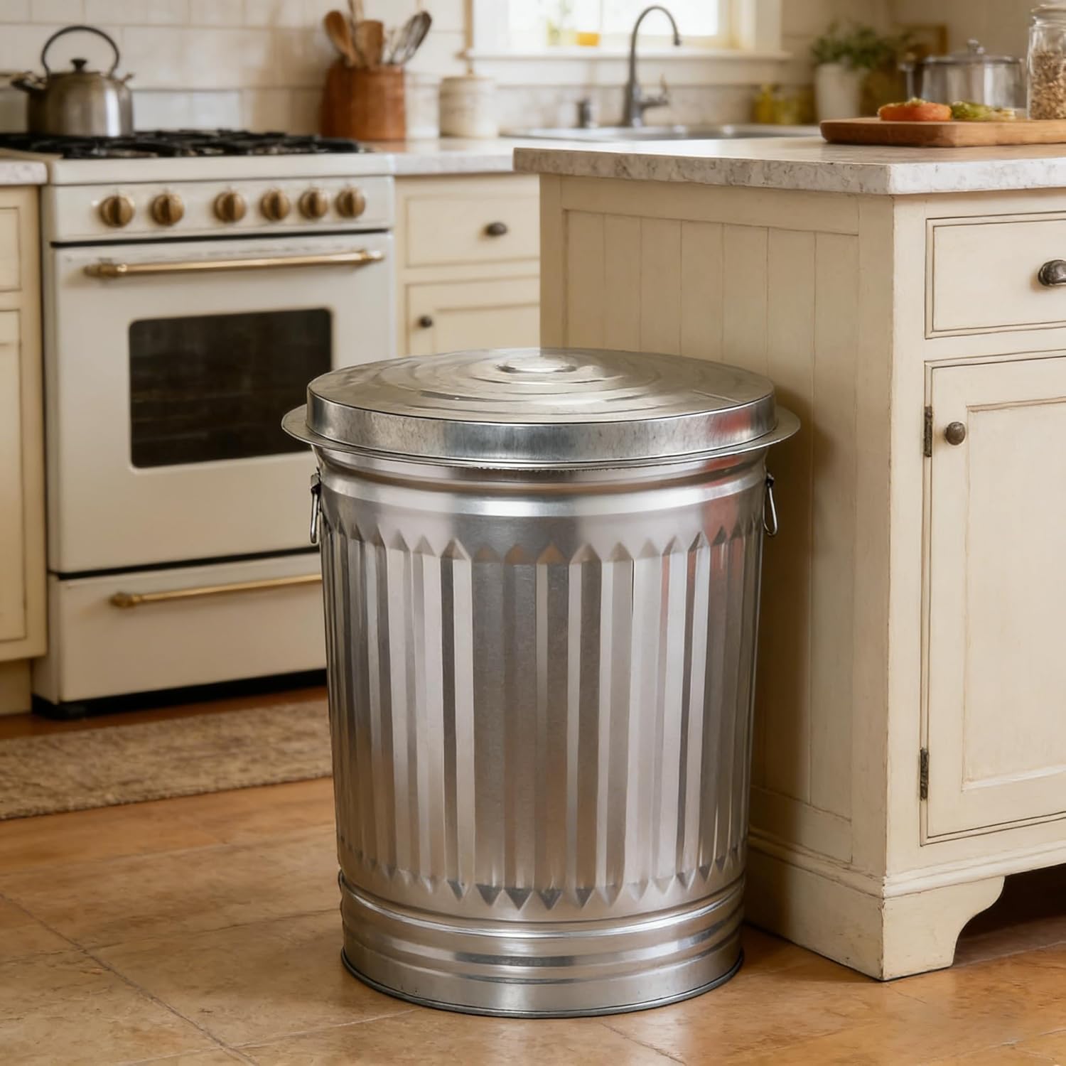 31 Gallon Metal Trash Can, Galvanized Steel Trash Can with Lid, Outdoor Garbage Can for Pet Food, Seed & Charcoal Storage and Kitchen, Garage, Terrace Use, Silvery