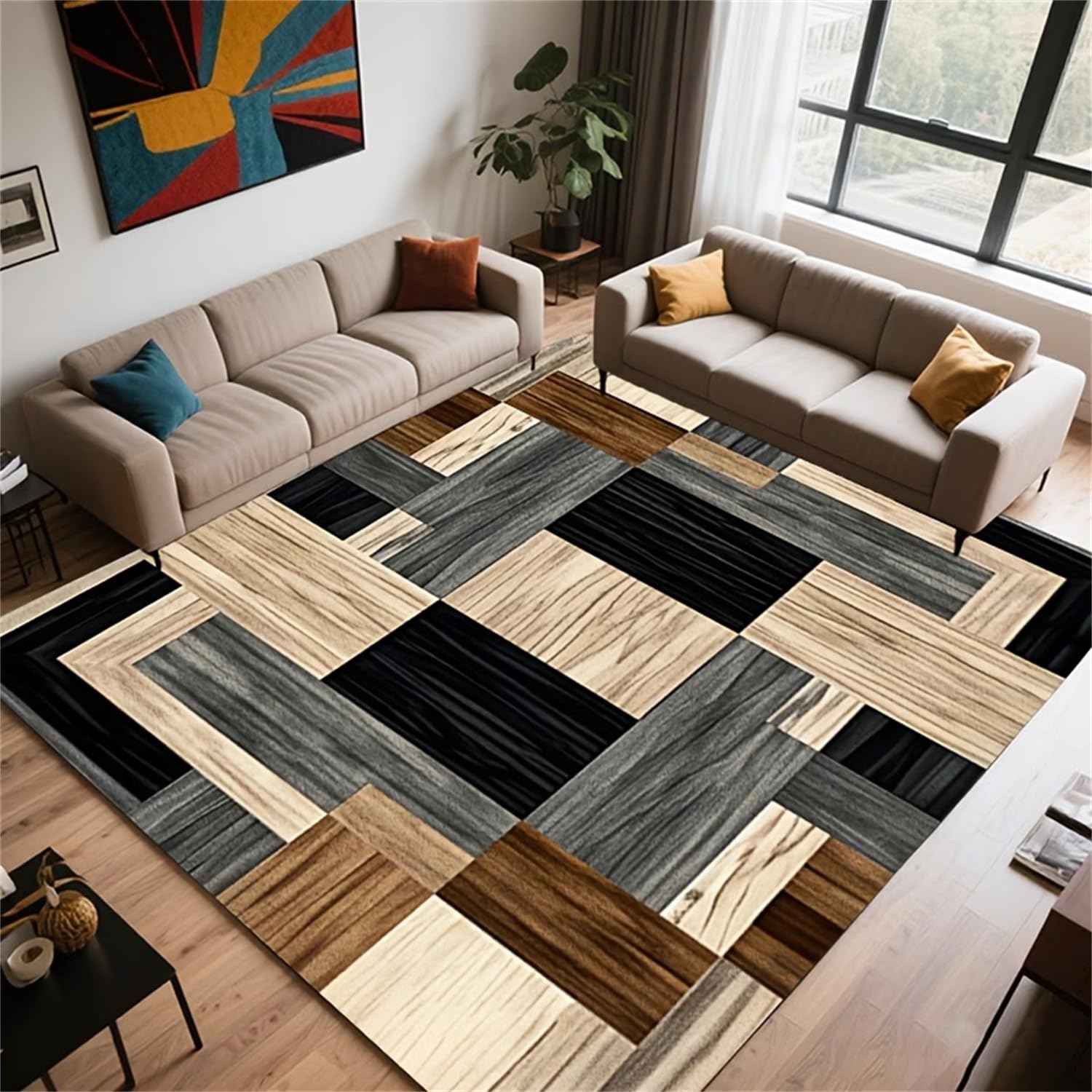 Kuluoits Wood Grain Geometric Area Rug, 60x90cm Modern Abstract Black, Gray, Beige Checkered Patchwork Art Rugs, Soft, Non-Slip, Washable Low-Pile Carpet for Living Room, Bedroom, Dining Room