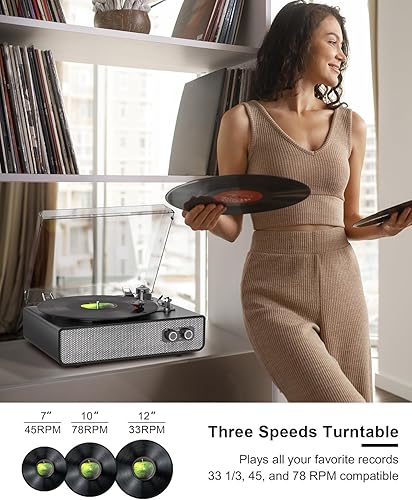 Miniatura 5 de Tocadiscos de vinilo con altavoces integrados mejorados, tocadiscos Bluetooth de 3 velocidades accionados por correa para discos de vinilo,
