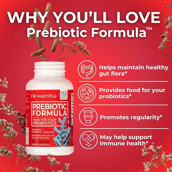 Health Plus Prebiotic Formula - Probiotics + Prebiotics + Digestive Enzymes - Gluten Free, Dairy Free, Natural Herbal Ingredients (180 Capsules, 60 Servings)