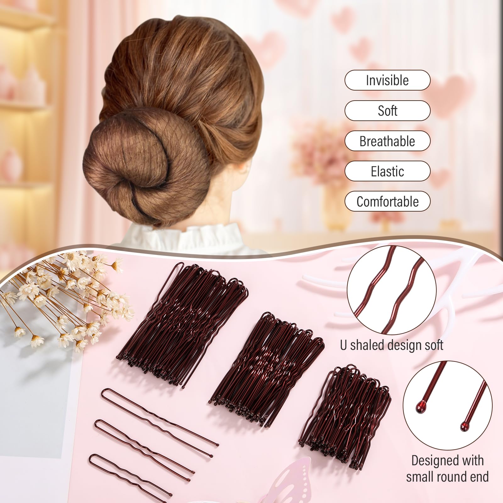 Sublaga Haarnetze in 4 Größen, 100 unsichtbare Haarnetze für Ballett-Aufführungen, Ballerina-Dutt-Haarnetze, 120 Haarnadeln und 20 elastische Haargummis für Duttmacher, Braun