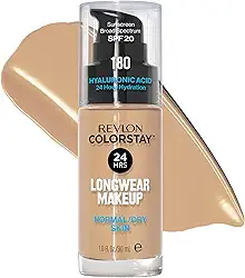 REVLON Base Líquida, Colorstay Face Makeup Para Pele Normal E Seca, Fps 20, Cobertura Média-Total De Longa Duração Com Acabamento Natural, Sem Óleo, 180 Sand Beige, 1 Fl Oz