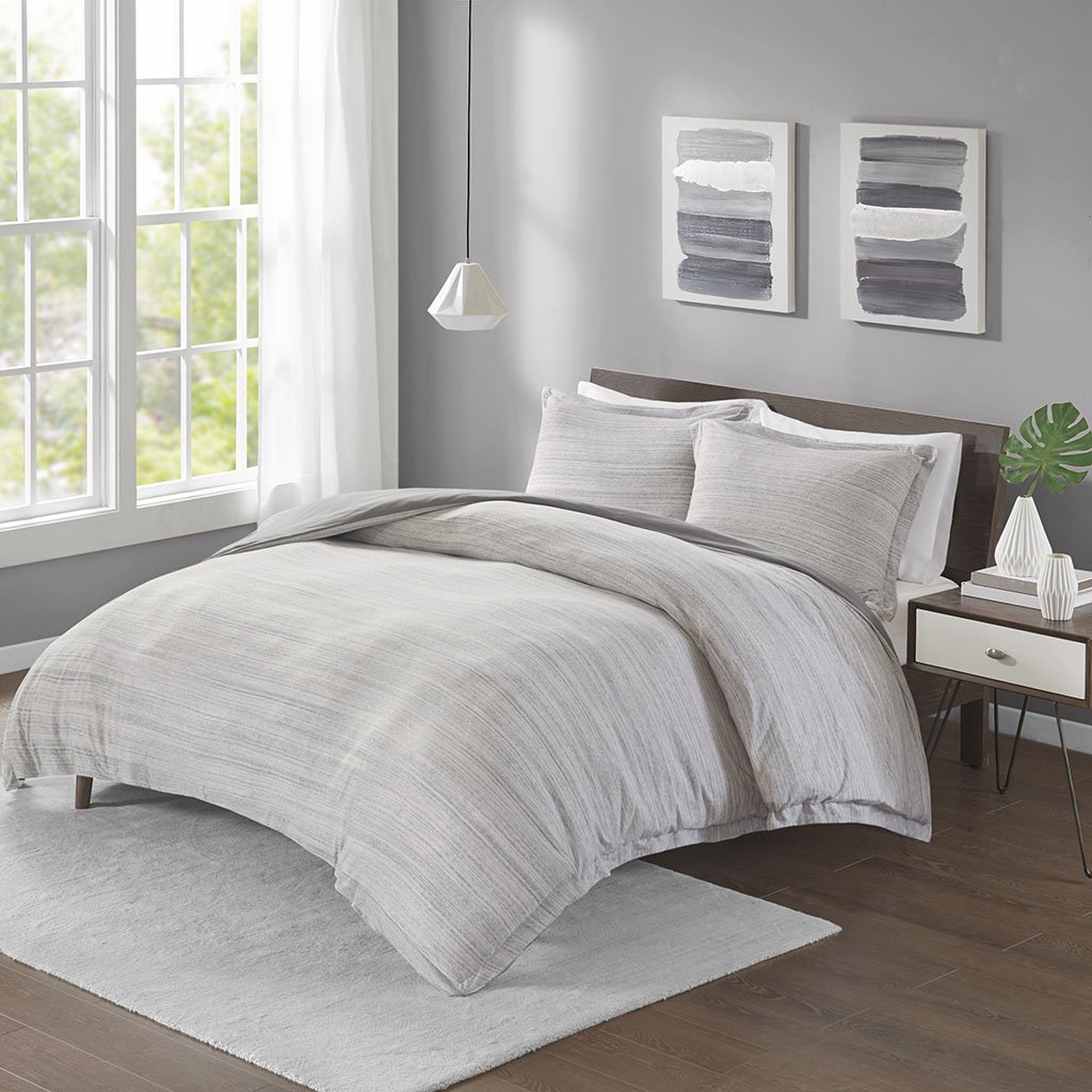 Urban Habitat Space Dyed Melange Chic Reversible Hypoallergenic Cotton Jersey Knit 3 Piece Duvet Cover Set, Full/Queen, Grey