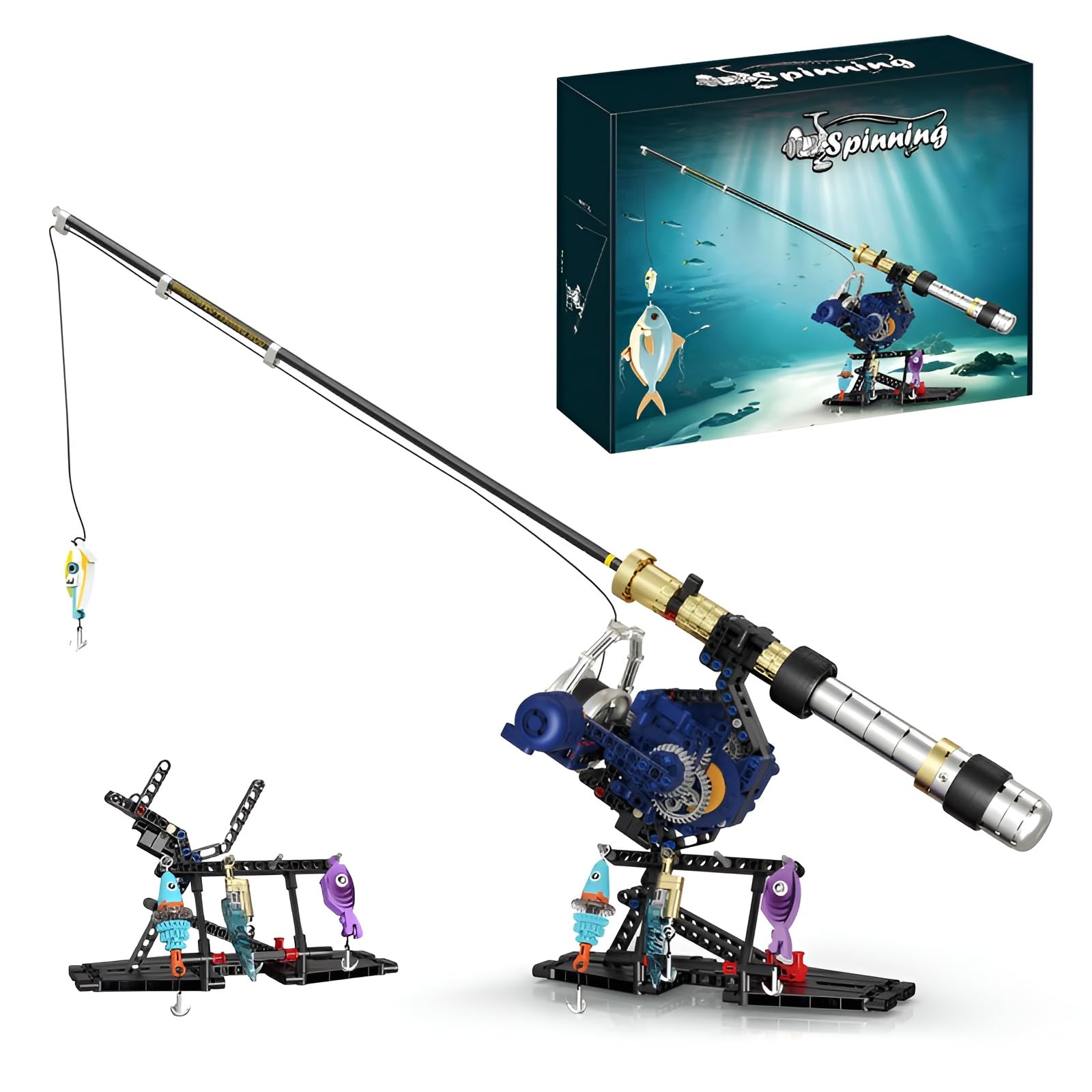 Mechanisches Spinnruten-Bauklötze-Set, 451+Stk Angelrollen-Modellbausatz, Konstruktions Spielzeug mit realistischer Angelschnuraktion für Erwachsene Jugendliche, Tolles Geschenk für Angelbegeisterte