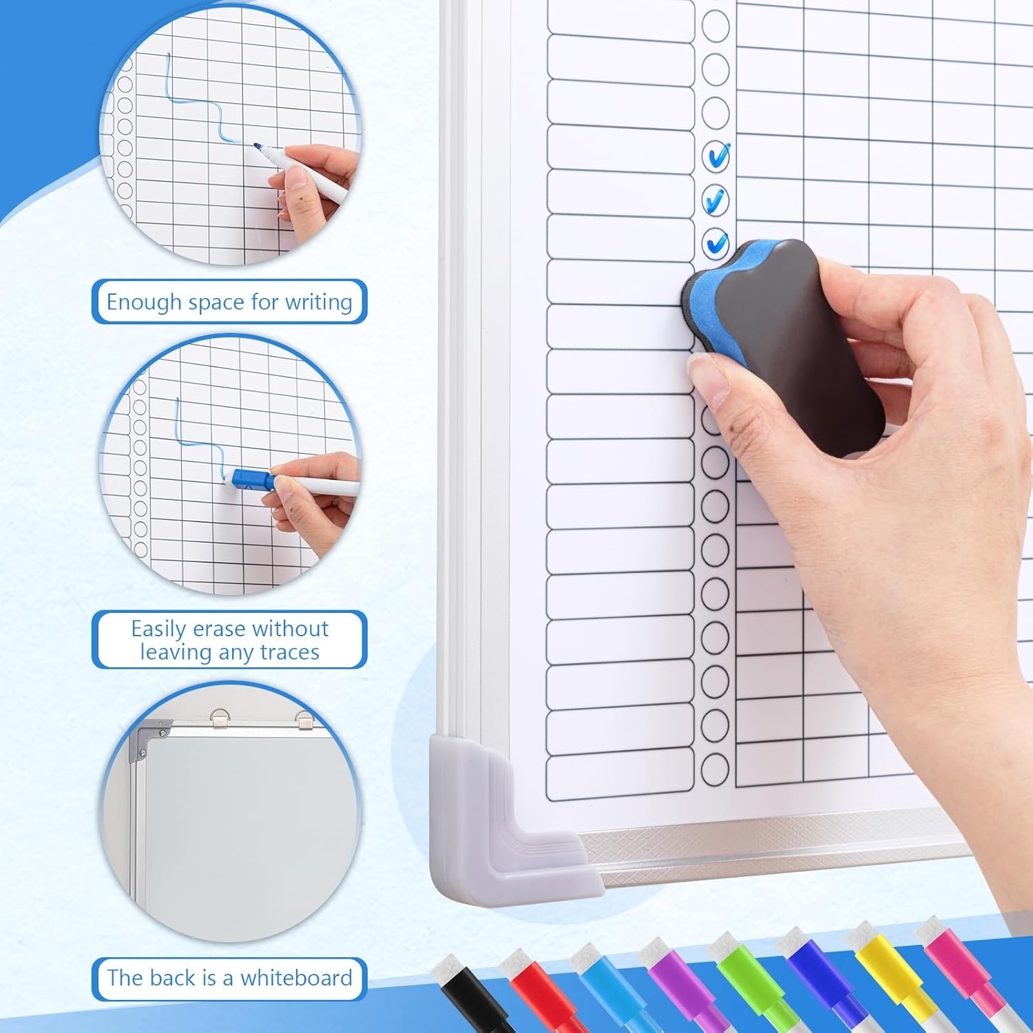Janlaugh 16" x 12" Magnetic Chore Chart Dry Erase Whiteboard Magnetic to Do List Chore Board with Lines Double Sided Weekly Calendar with Frame 8 Marker 1 Eraser for Family Multiple Adults