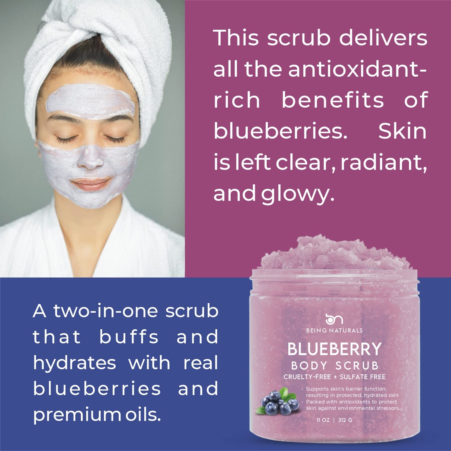 Blueberry All Natural Body Scrub - Natural Exfoliating Salt Scrub & Body and Face Souffle helps with Moisturizing Skin, Acne, Cellulite, Dead Skin Scars, Wrinkles (11 oz)