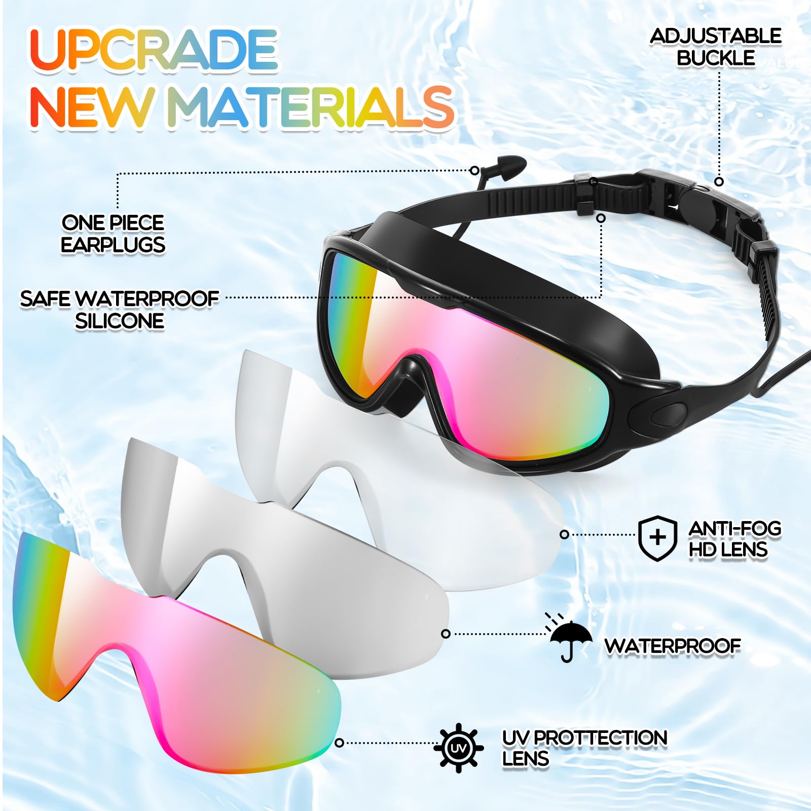 Kanayu 6 gafas de natación de visión amplia sin fugas, gafas de natación antivaho para adultos, con tapones para los oídos y clip de nariz para verano, adultos, hombres, mujeres, jóvenes, protección