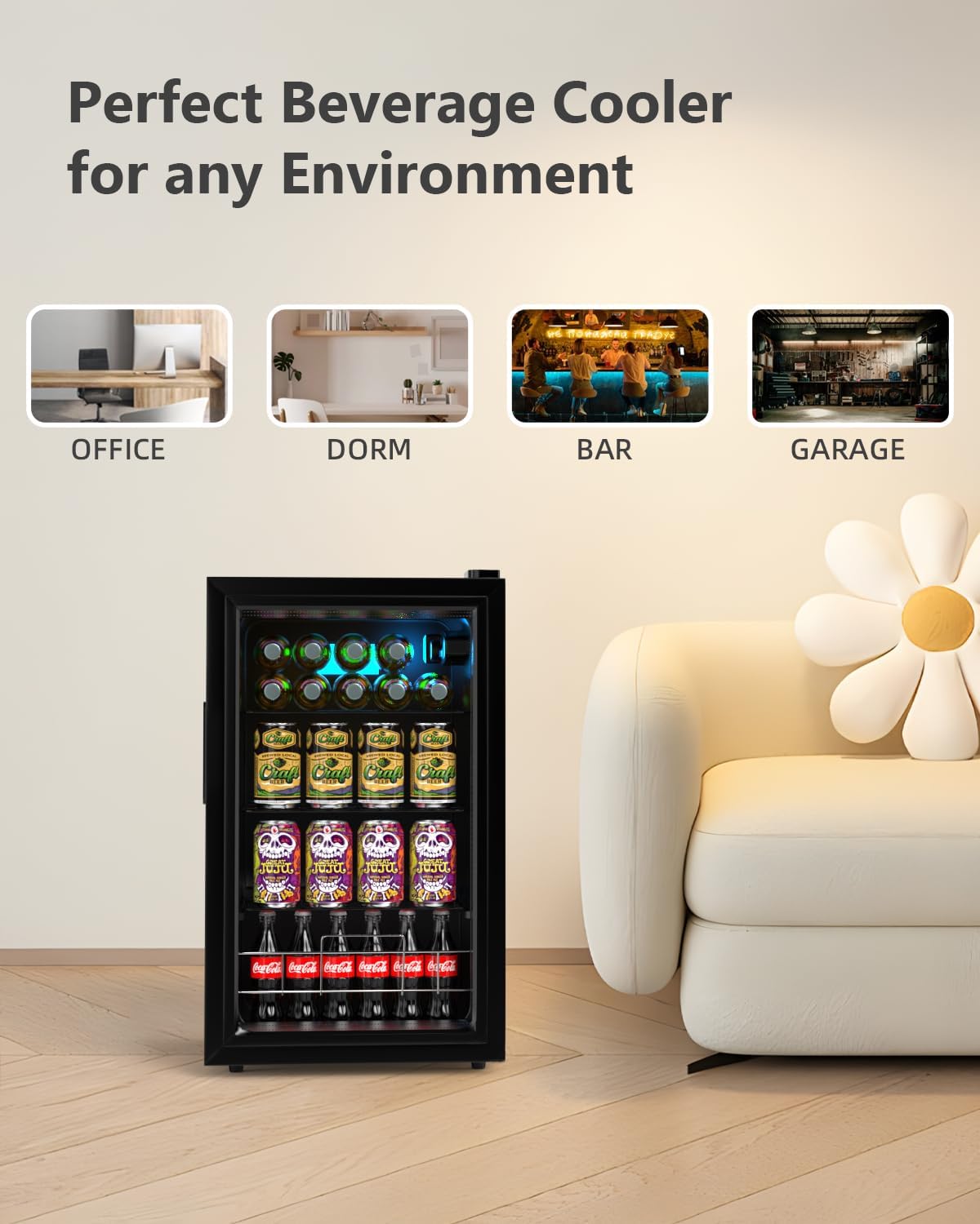 Geekman Beverage Refrigerator Cooler, 120 Cans Freestanding Beverage Fridge with Double-layer Glass Door， Mini Fridge Beverage with Adjustable Removable Shelving, Perfect for Beer, Wine, Soda and more