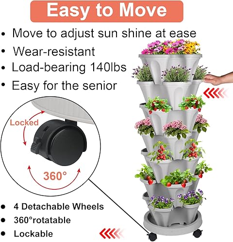 Miniatura 5 de Maceta vertical de 7 niveles apilables, macetas de torre de jardín, macetas de fresa, hierbas y verduras, macetas de jardinería para interiores y