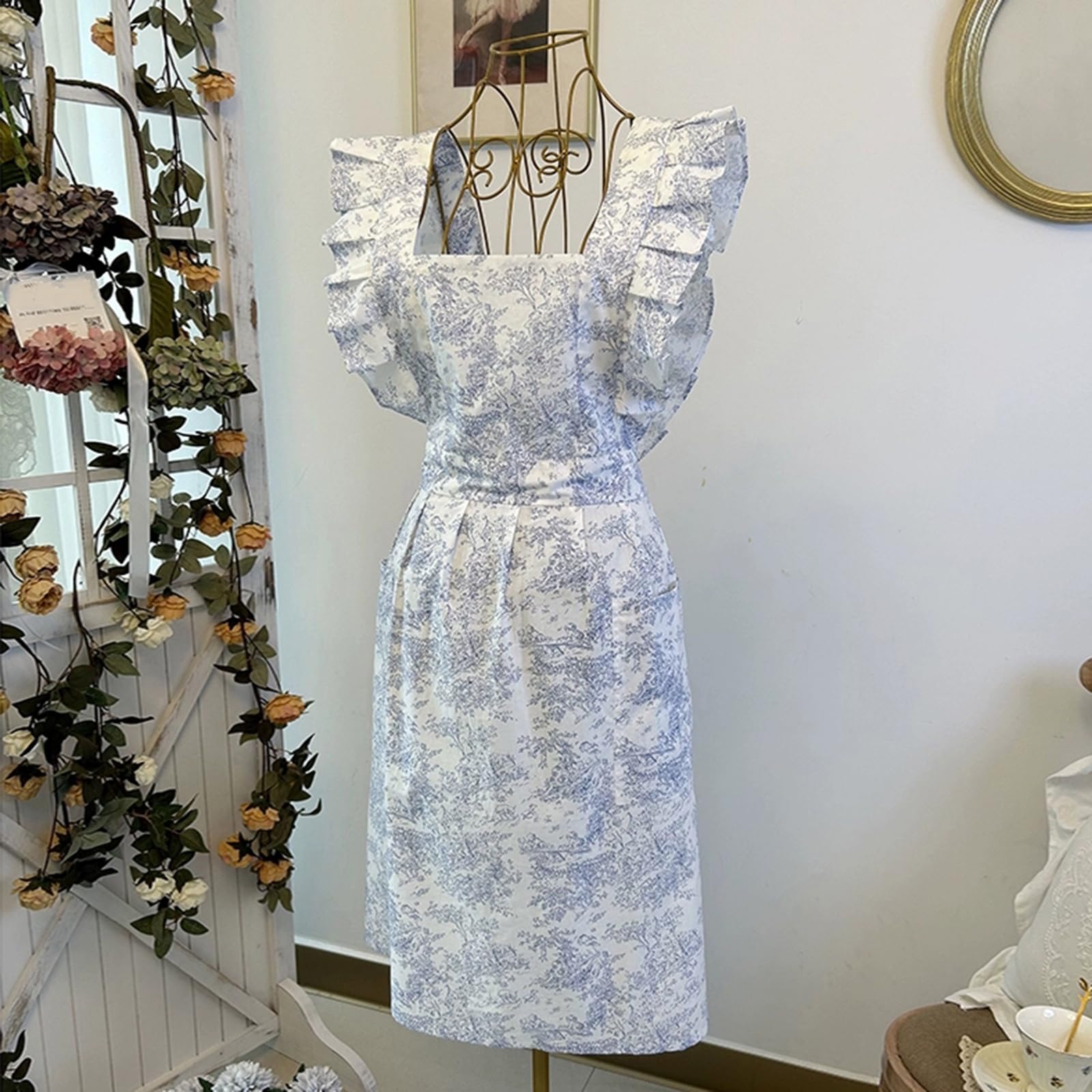 Vintage Fartuchy Damskie, Bawełniany Fartuch Dla Kobiet Z 2 Kieszeniami, Do Codziennego GotowaniaBlue,One Size