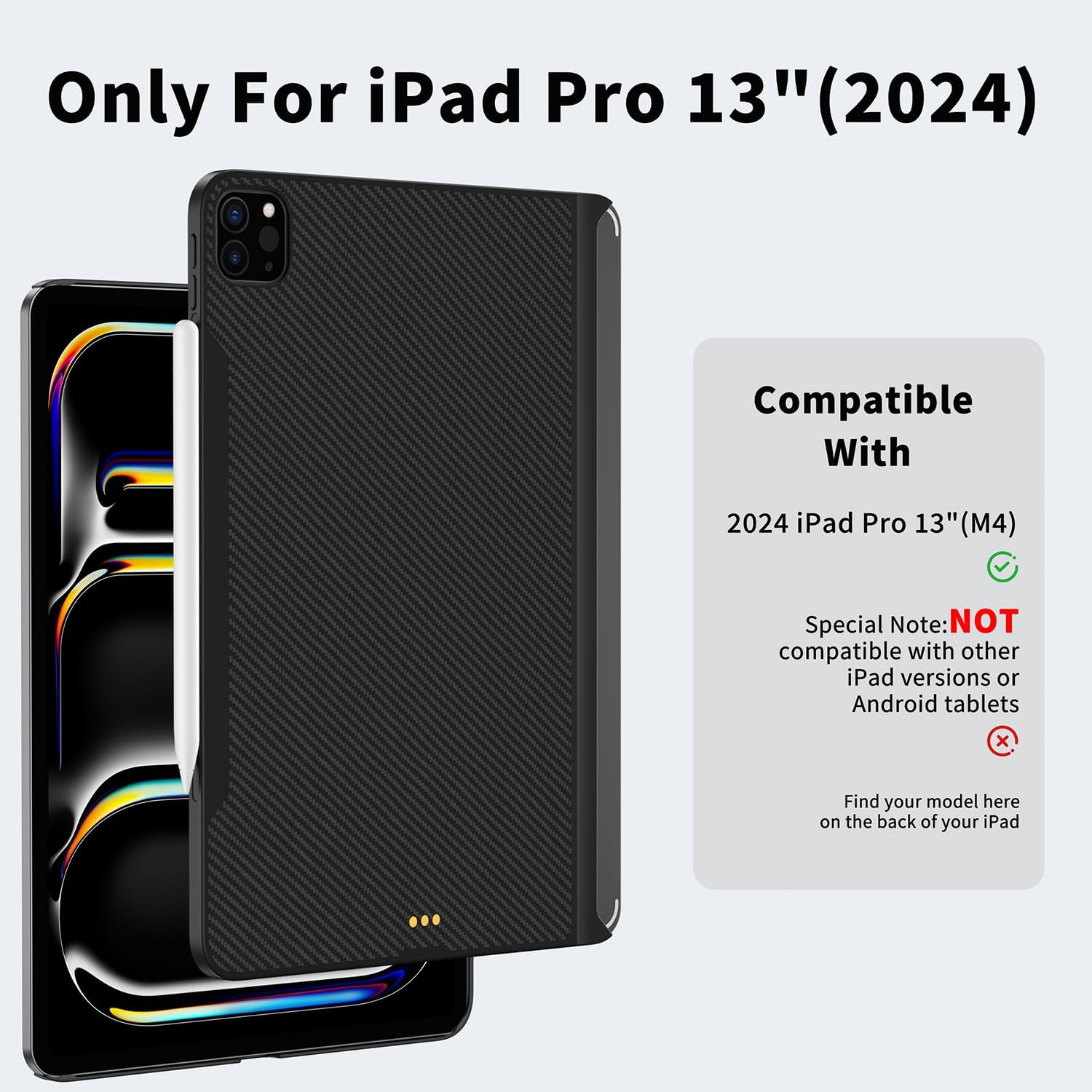 Lightweight Magnetic Case for iPad Pro 13-inch (M4) 2024, Carbon Fiber Texture Protective Cover, Compatible with Magic Keyboard & Supports Apple Pencil Pro Charging