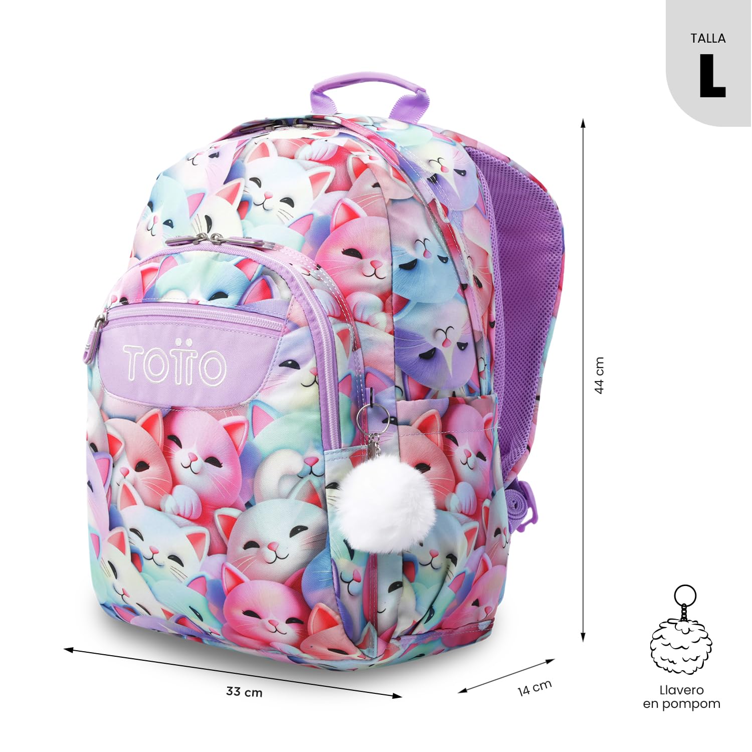 TOTTO - Mochila Escolar Adaptable a Carro, Modelo Acuareles, Capacidad 20 L, Bolsillo Pc 14", Bolsillos Botella, Espaldar Ergonómico con Flujo de Aire, Cómodas Correas en S, Estampado Mewsy 3D