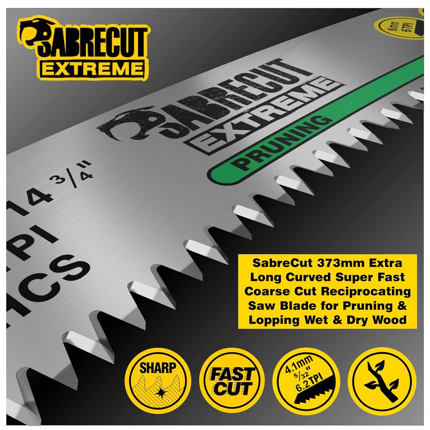 1 x SabreCut SCRSG001 373mm 6 TPI Extra Long Curved Pruning Lopping Wet Wood Dry Wood Green Timber and Firewood Cutting Reciprocating Sabre Saw Blade Compatible with Bosch Dewalt and Many Others