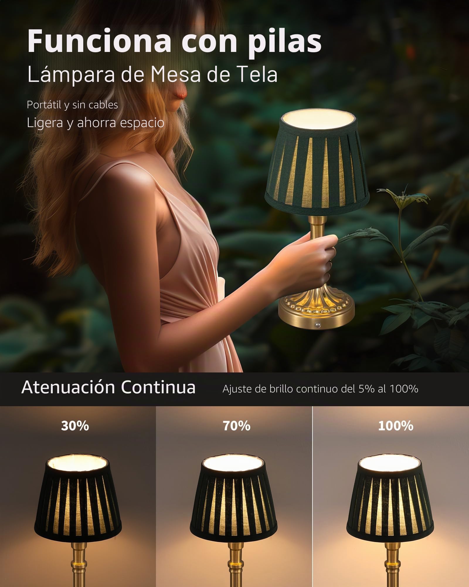 Juego de 2 lámparas de mesa inalámbricas, pantalla de tela LED, lámpara de mesa pequeña con batería, regulable sin niveles, lámpara táctil para salón, comedor, dormitorio, baño (bronce +