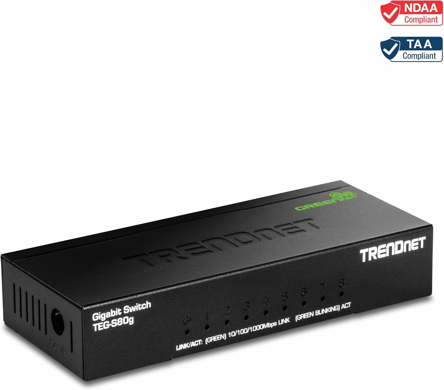 TRENDnet 8-Port Mini Gigabit Switch, TEG-S80g, Ethernet Splitter, NDAA + TAA Compliant, Desktop Metal Ethernet Network Switch, 8 x Gigabit Ports, Fanless, Lifetime Protection, Black