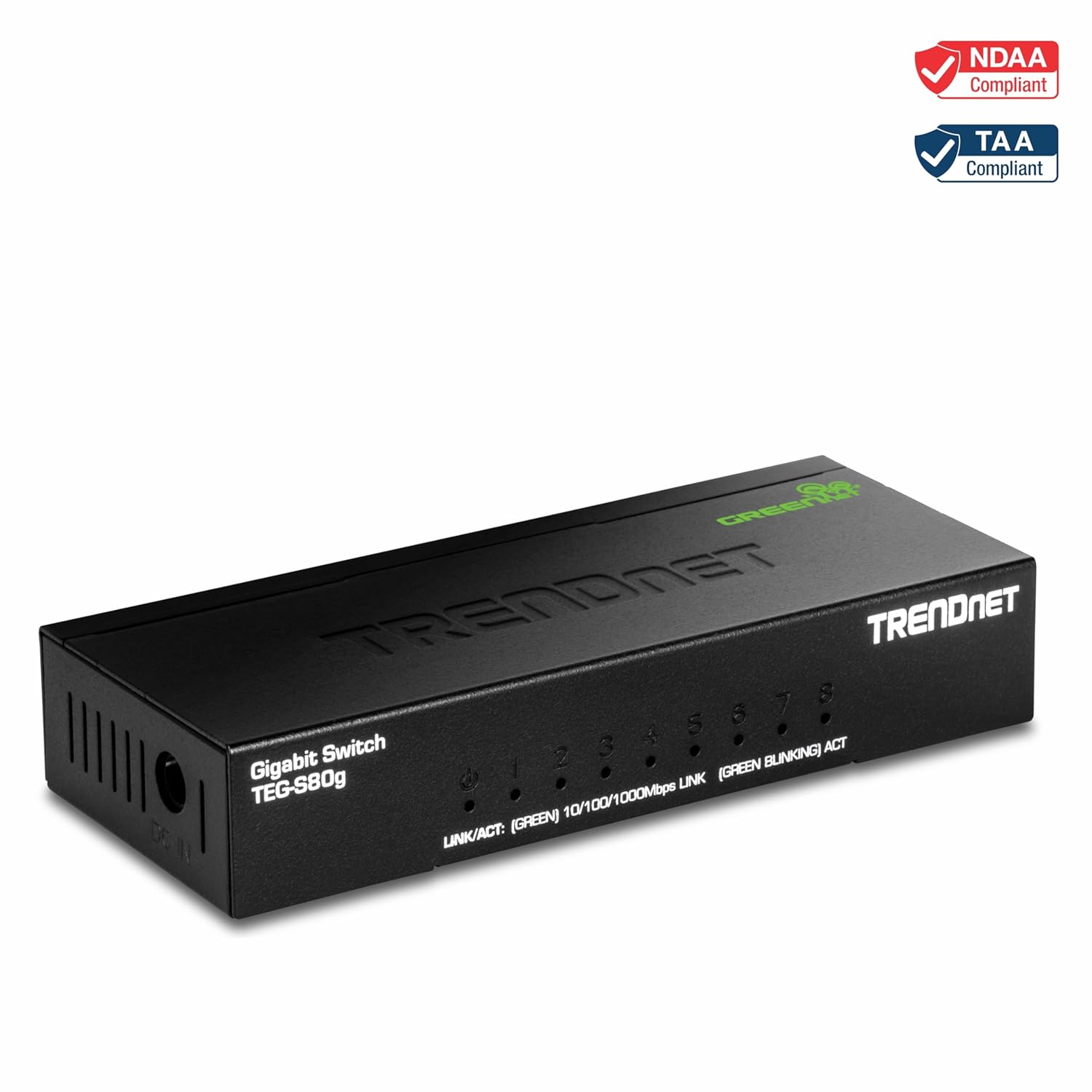 TRENDnet 8-Port Mini Gigabit Switch with dimensions labeled
