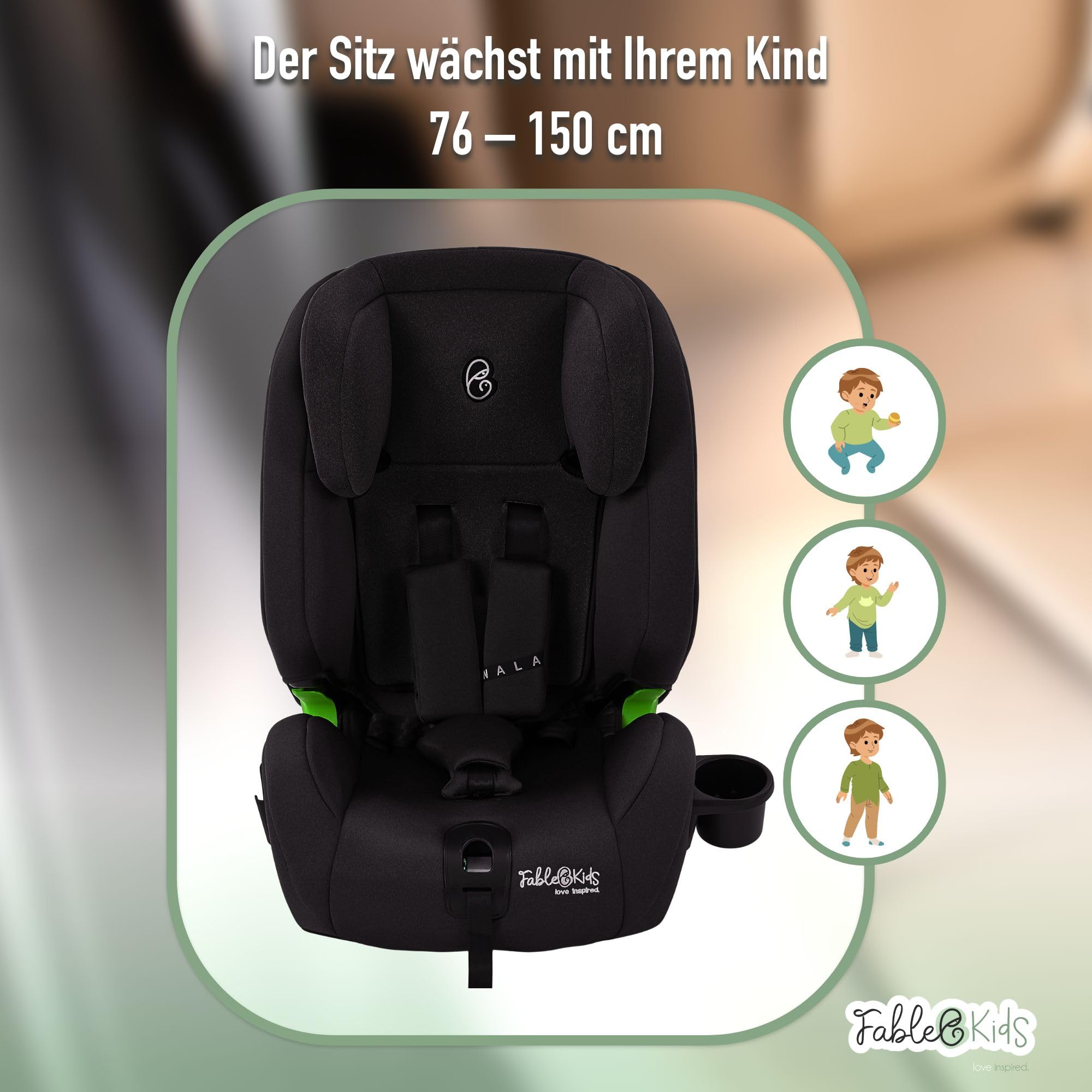 FableKids Kinderautositz mit Isofix | Autokindersitz ab 15M. | Autositz für Kinder 76-150cm | Kindersitz i-Size ECE R129/03 | 3-Punkt-Sicherheitsgurt | einstellbare Kopfstütze & Becherhalter | Schwarz