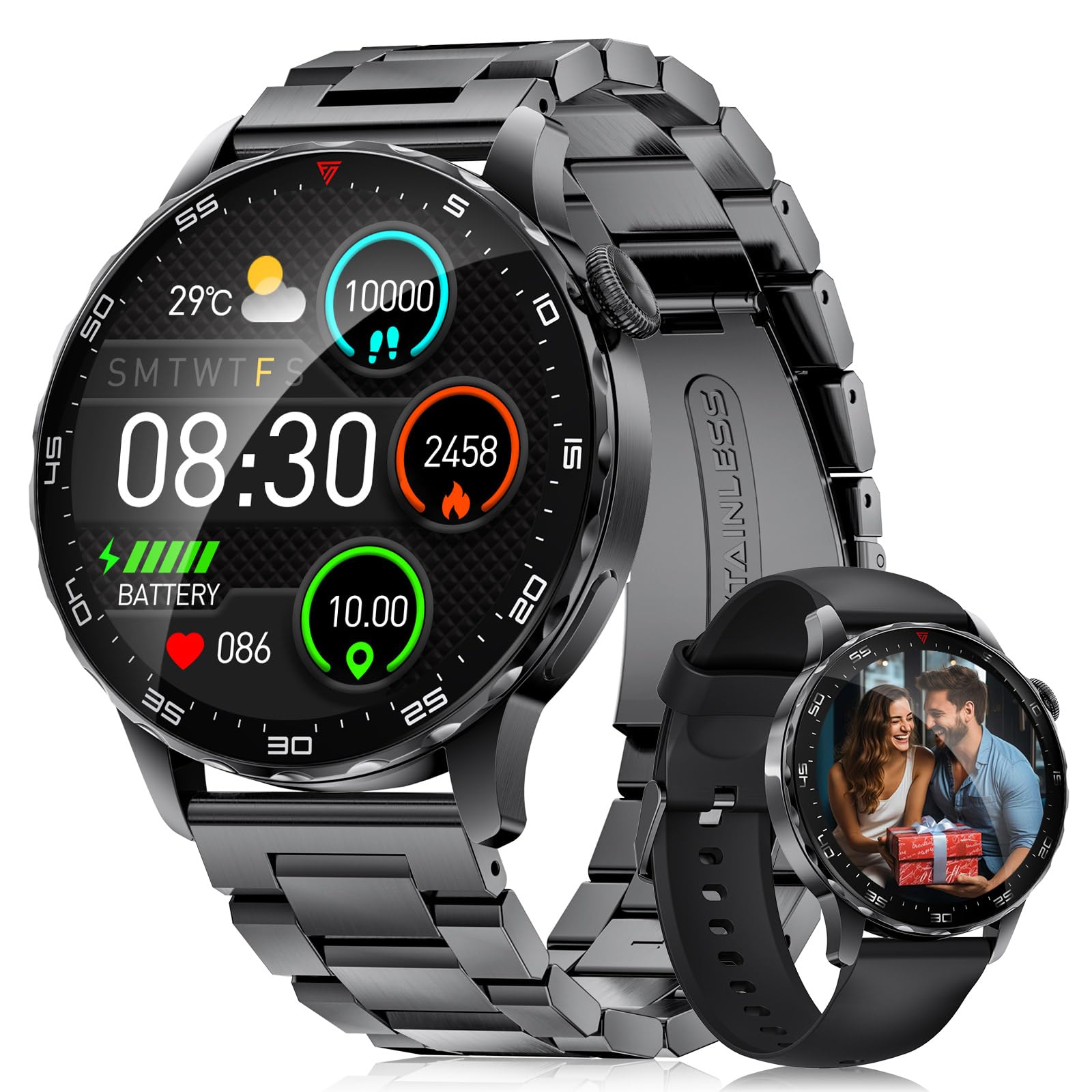 FITFLEX Orologio Smartwatch Uomo, 750mAh, 1.43" AMOLED, 120+ Sport | Carica Type-C/USB, Salute SpO2/Sonno, Chiamate BT, 120+ Sport, IP68 Impermeabile, Comp Android/iOS, 2 Cinturino