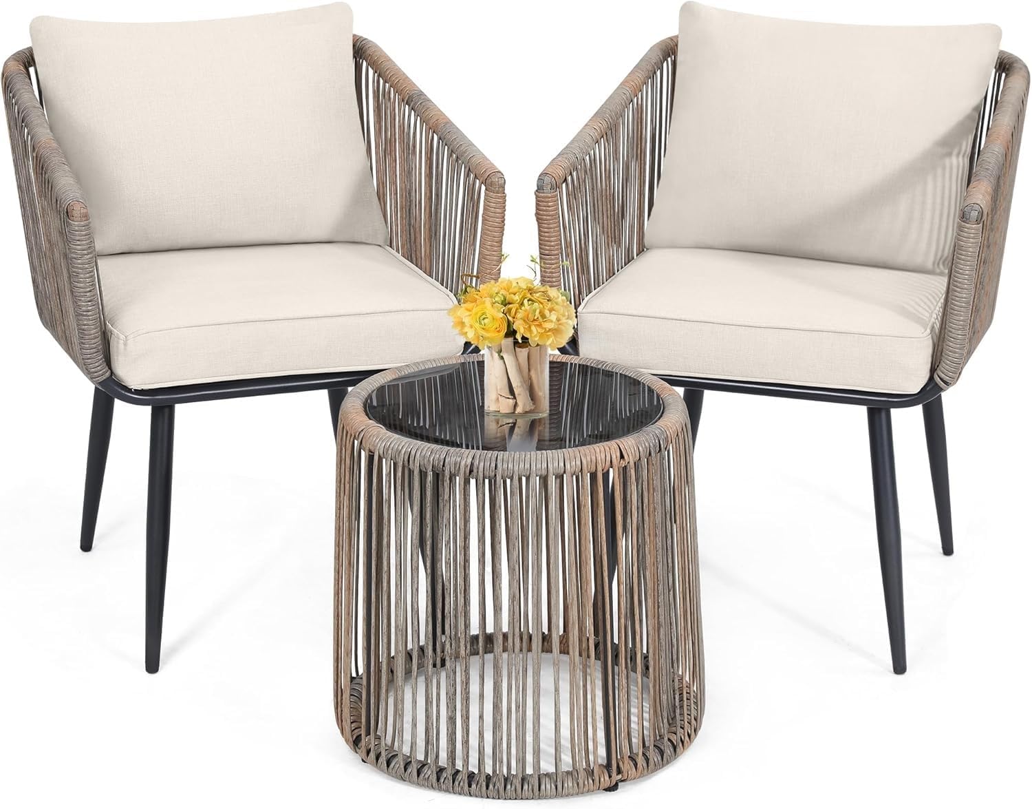 3 Pieces Patio Rattan Bistro Conversation Set Outdoor All-Weather Wicker Furniture Chairs and Side Table for Backyard Porch Balcony Poolside(Beige)